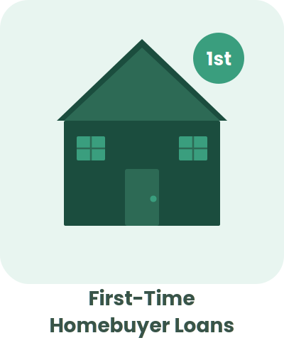Illustration of a house with a '1st' badge and text 'First-Time Homebuyer Loans' below.