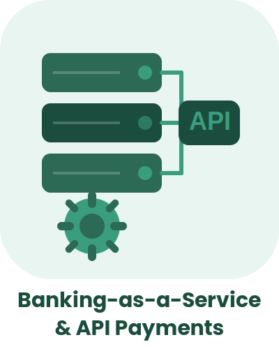 Illustration of servers connected to an API with a virus icon, representing cybersecurity or online threats, labeled 'Banking-as-a-Service & API Payments'.