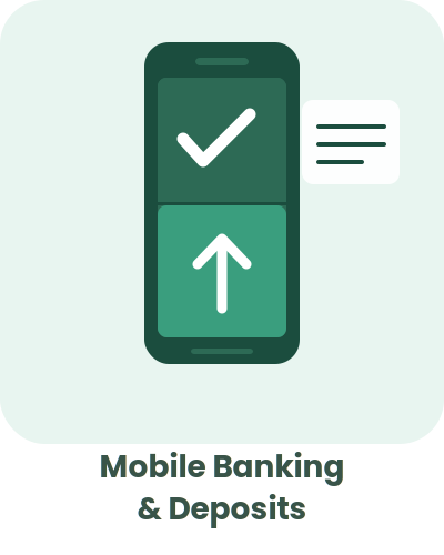 Illustration of a smartphone with a checkmark and an upward arrow, representing mobile banking and deposits.