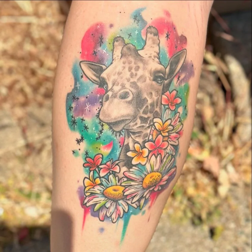 Healed giraffe w watercolor flowers and galaxy 🥰