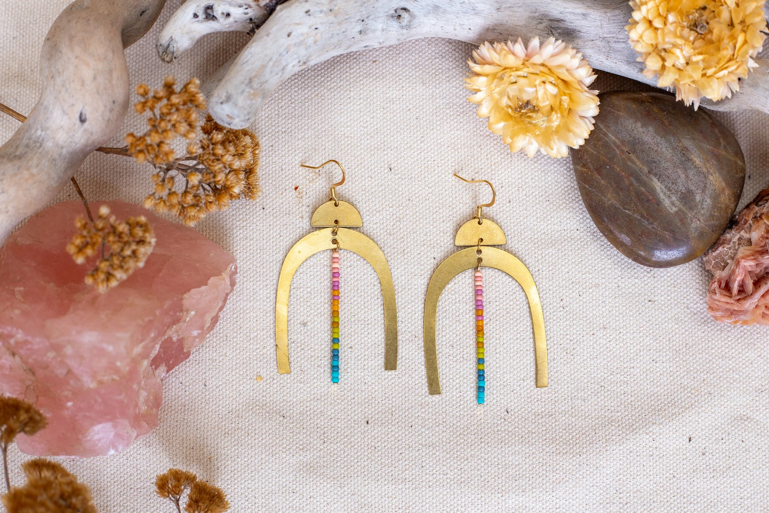 Large Arch Brass & Beaded Earrings