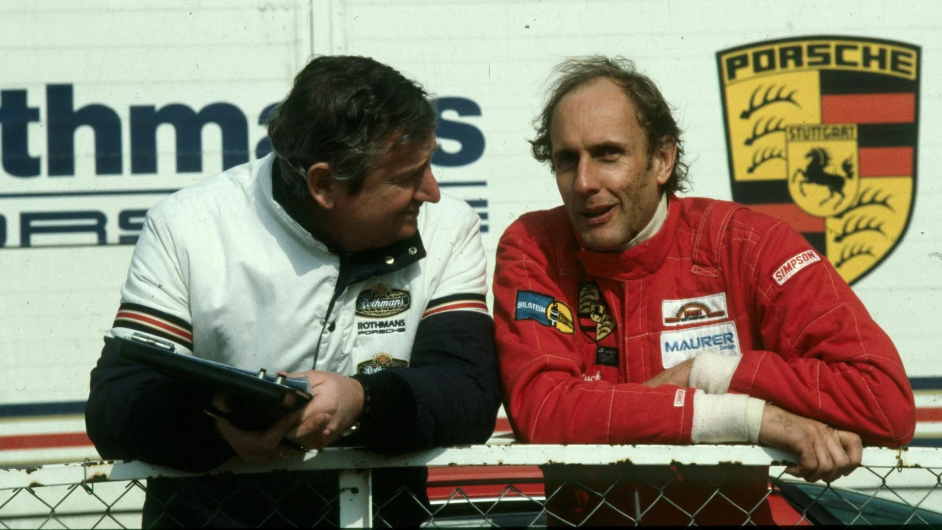Hans-Joachim Stuck (rechts), Norbert Singer, Paul Ricard, ca. 1985, Porsche