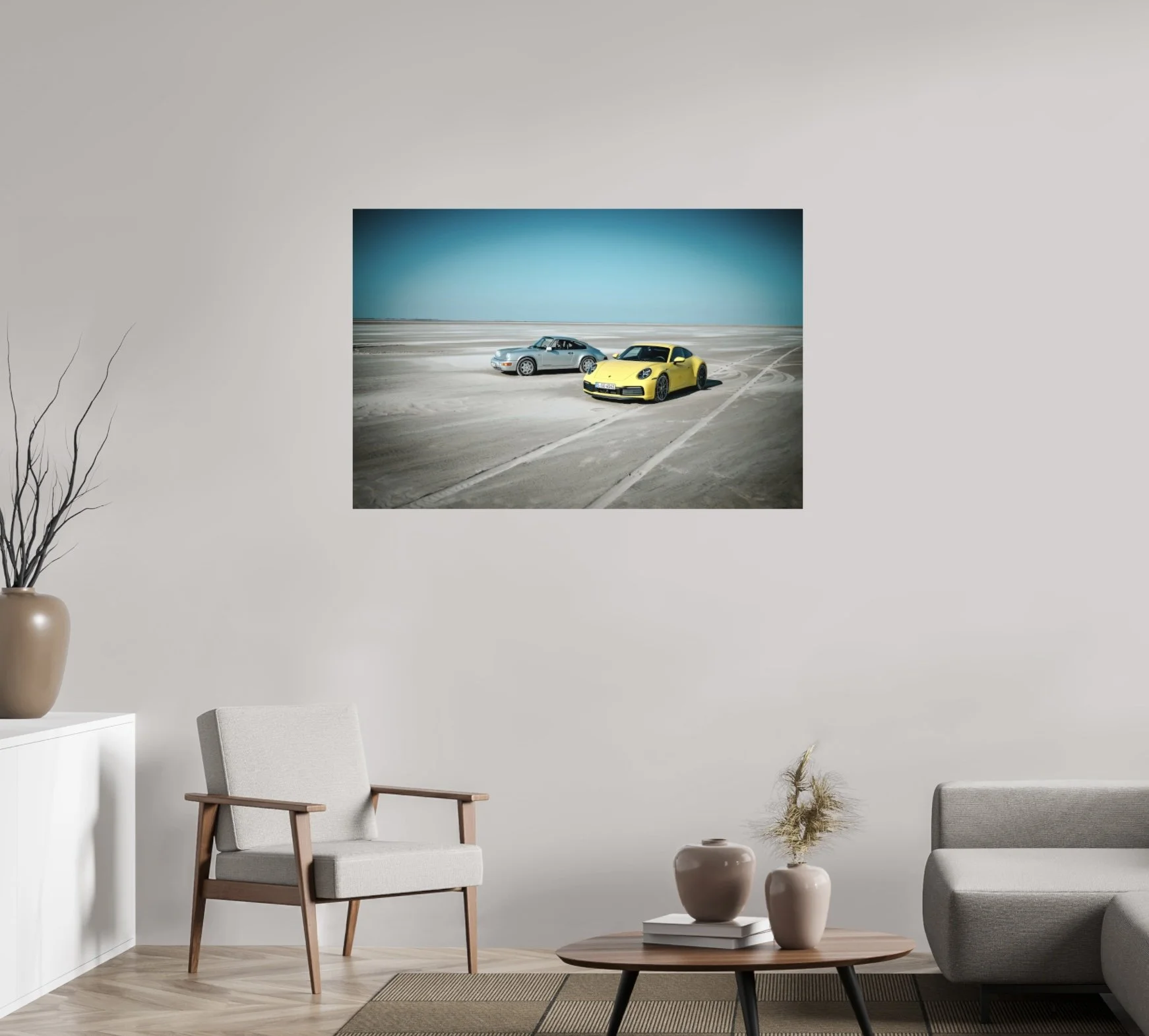 Wandfoto auf Aluminium Porsche 992 und 964 im Sand