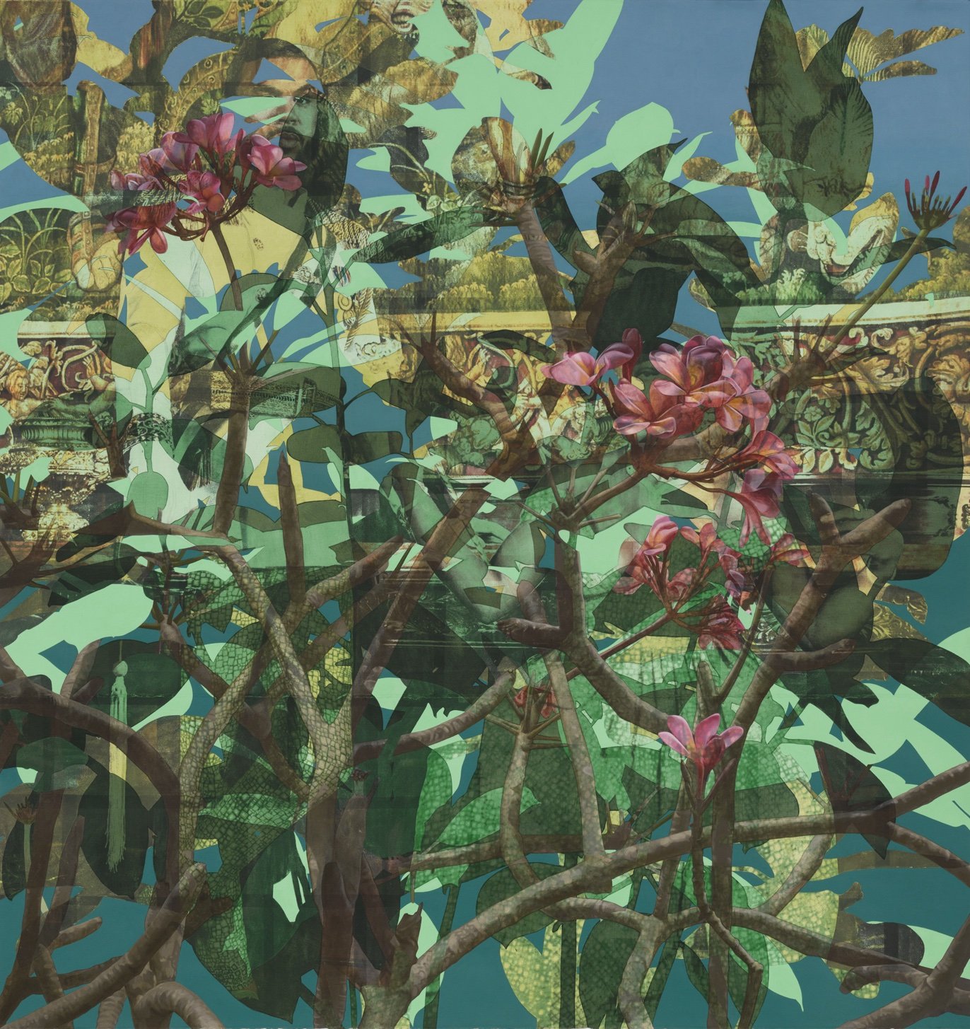 Njideka Akunyili Crosby,
Dwellers: Cosmopolitan Ones, 2022.
Acrylic, transfers, and color pencil on paper
63 x 60 inches
160 x 152.4 cm
© Njideka Akunyili Crosby
Courtesy the artist, Victoria Miro, and David Zwirner
Photo: Jeff McLane