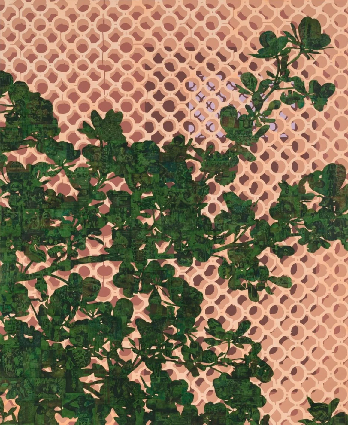 Njideka Akunyili Crosby,
Persistence of Vision: Screen Walls and Fruit Tree, 2021.
Acrylic and transfers on paper
101 1/2 x 83 inches
257.81 x 210.82 cm
© Njideka Akunyili Crosby
Courtesy of the artist, Victoria Miro, and David Zwirner
Photo: Jeff Mc