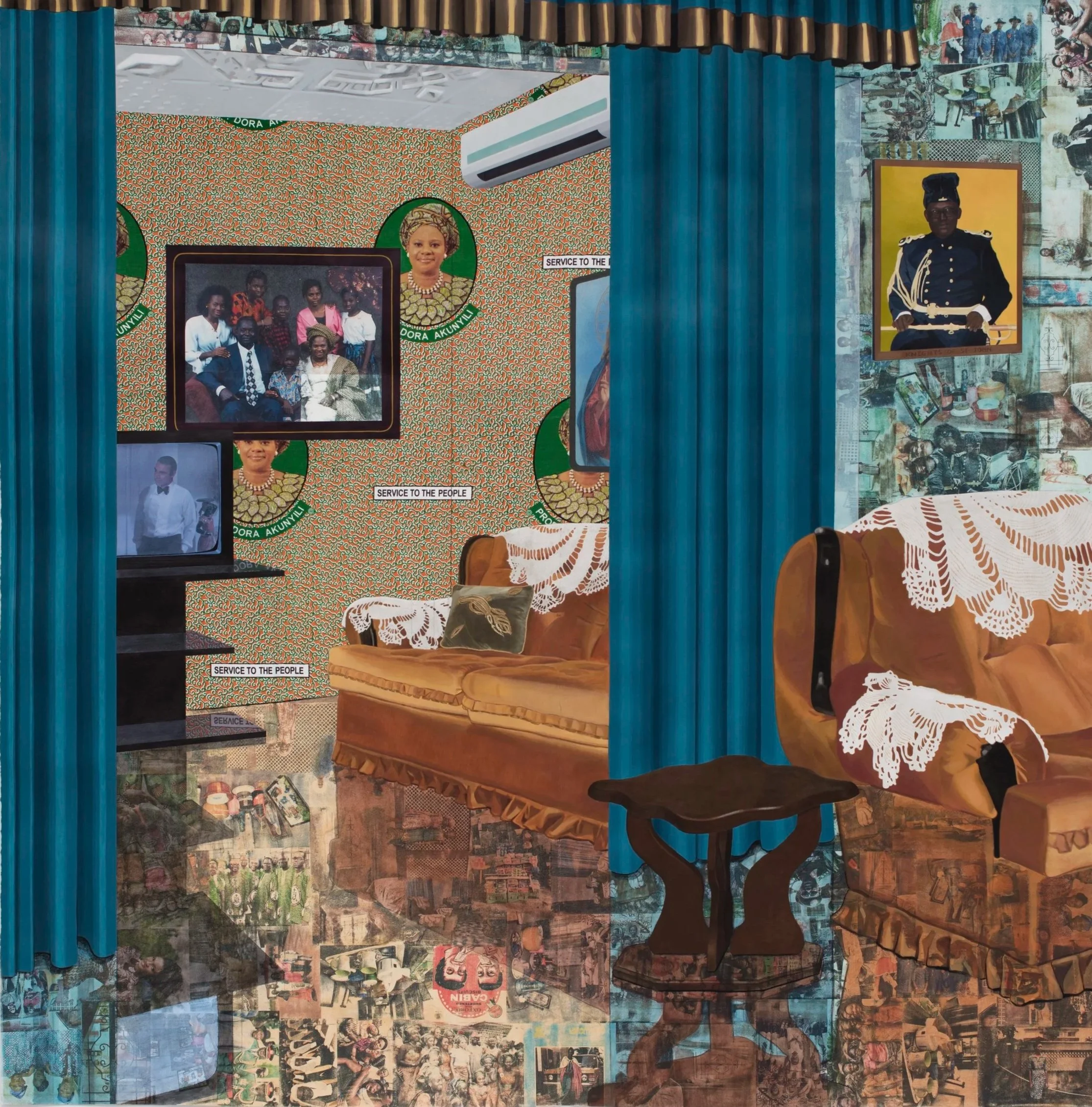 Njideka Akunyili Crosby,
Home: As You See Me, 2017.
Acrylic, transfers, colored pencil, charcoal, collage, and commemorative fabric on paper
84 x 83.25 in
213.36 x 211.46  cm
© Njideka Akunyili Crosby
Courtesy the artist, Victoria Miro, and David Zwi