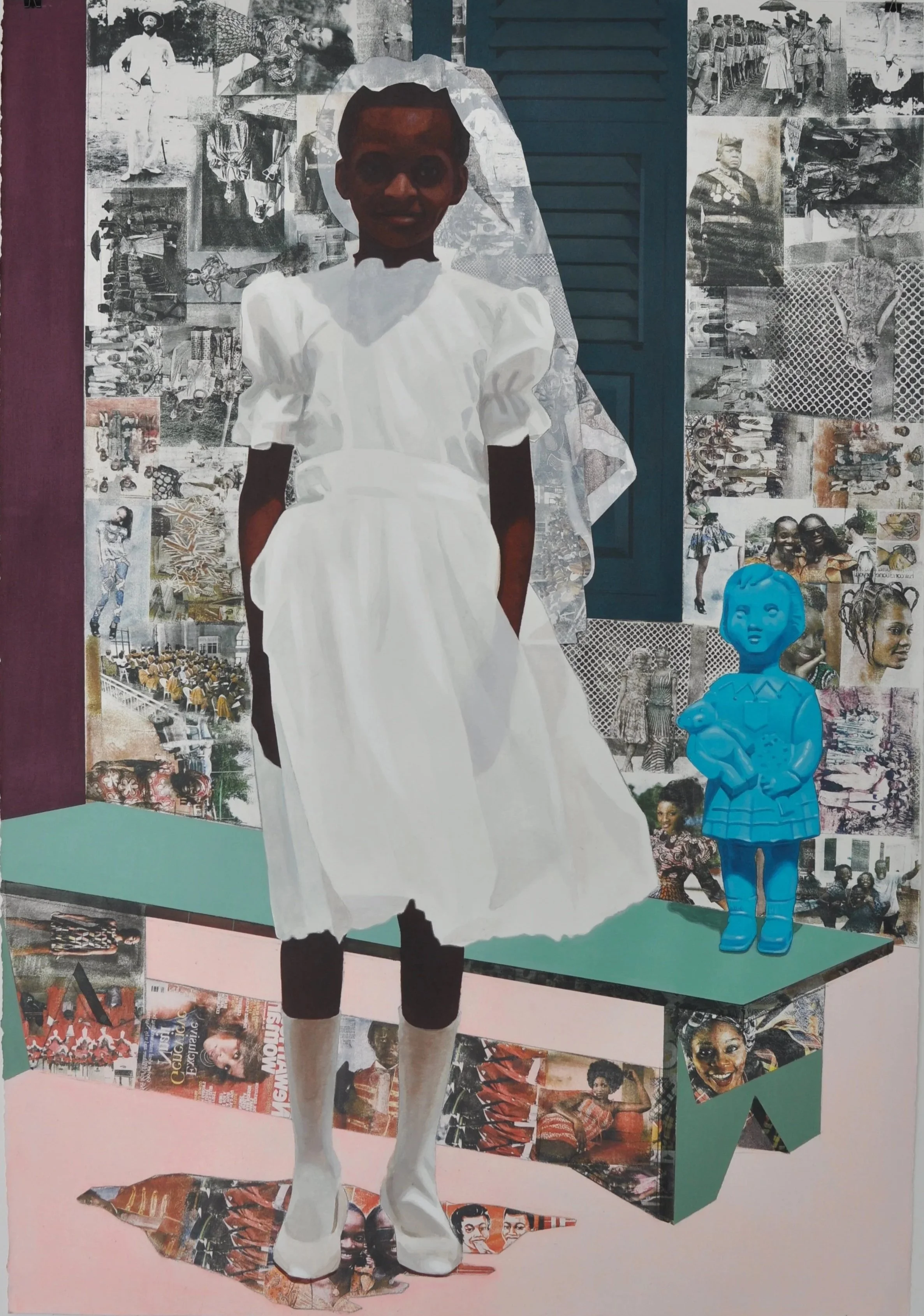 Njideka Akunyili Crosby,
“The Beautyful Ones” Series #4, 2015.
Acrylic, color pencil, and transfers on paper 
61.2 x 42 in
155.45 x 106.68 cm
© Njideka Akunyili Crosby
Courtesy the artist, Victoria Miro, and David Zwirner
Photo credit: Joshua White P