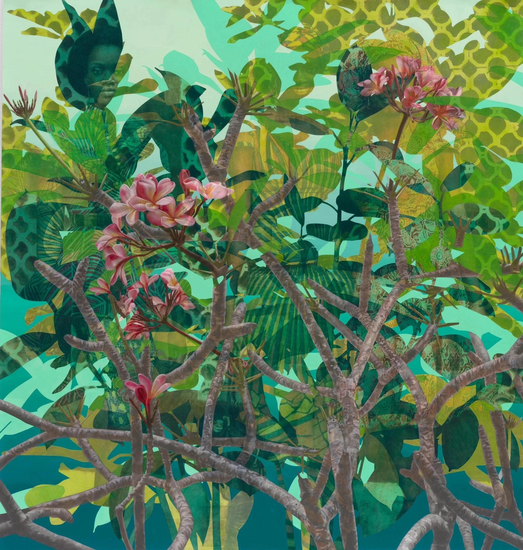 Njideka Akunyili Crosby,
Compound Dwellers, 2024.
Acrylic and transfers on paper
63 3/4 x 60 inches
161.9 x 152.4 cm
© Njideka Akunyili Crosby
Courtesy of the artist, Victoria Miro, and David Zwirner
Photo: Kerry McFate