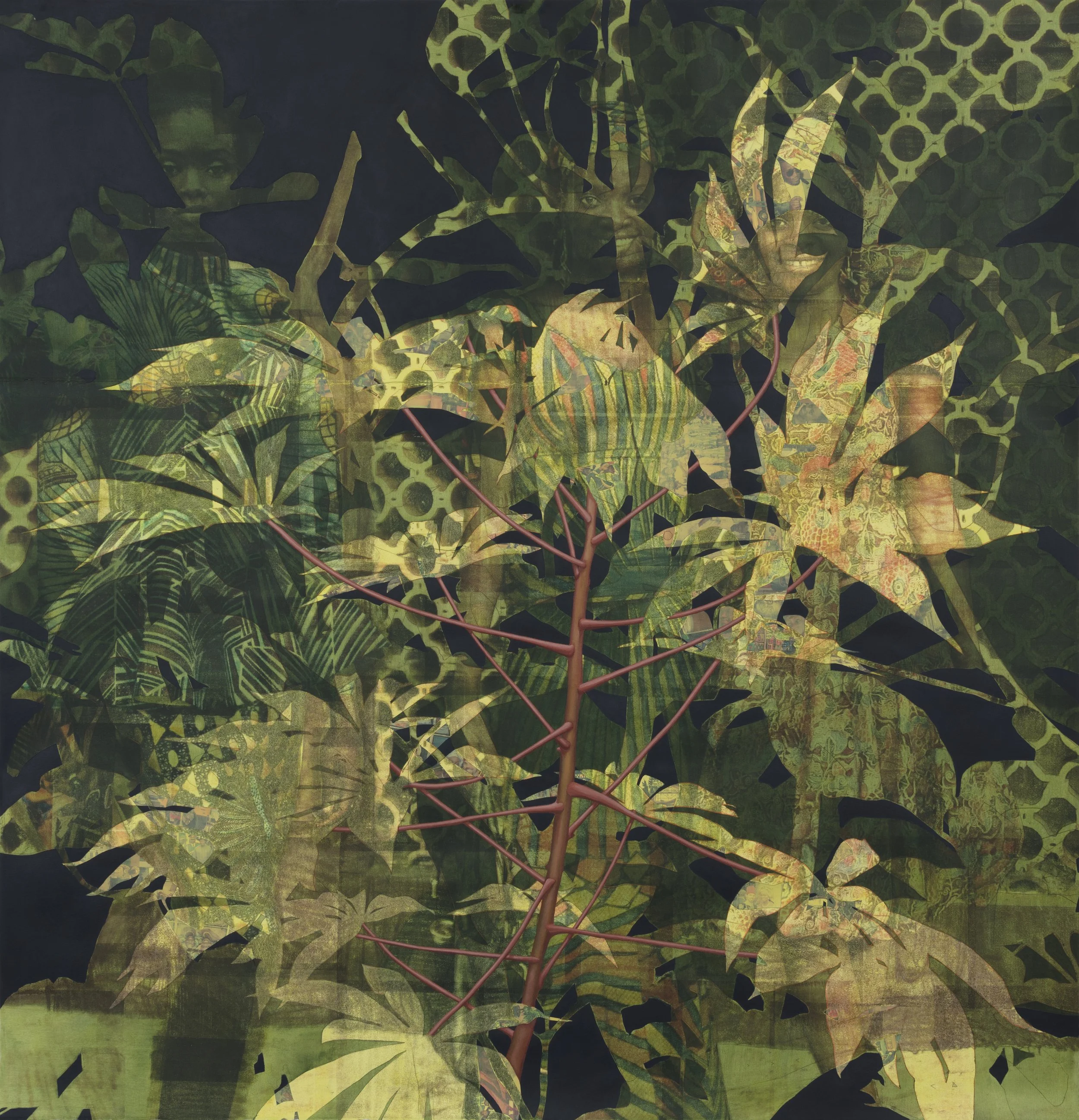 Njideka Akunyili Crosby,
Dwellers: Native One, 2019.
Acrylic, transfers, color pencil, and collage on paper
61 7/8 x 59 3/4 inches
157.12 x 151.77 cm
© Njideka Akunyili Crosby
Courtesy of the artist, Victoria Miro, and David Zwirner
Photo: Jeff McLan