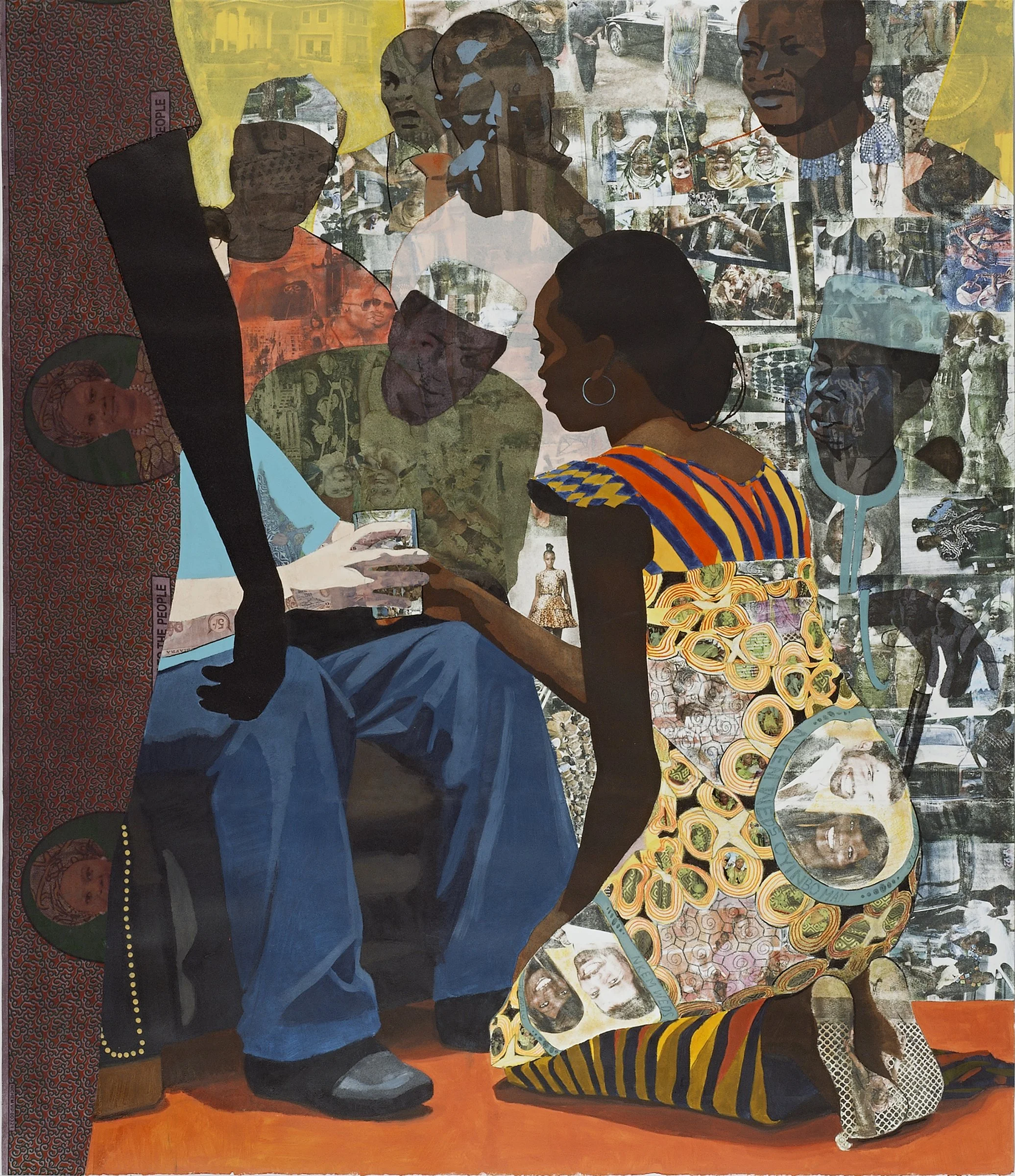 Njideka Akunyili Crosby,
Wedding Portrait, 2012.
Acrylic, transfers, colored pencil, pastel, marble dust, and commemorative fabric on paper
63 x 54 in.
160.02 x 134.62 cm
© Njideka Akunyili Crosby
Courtesy the artist, Victoria Miro, and David Zwirner