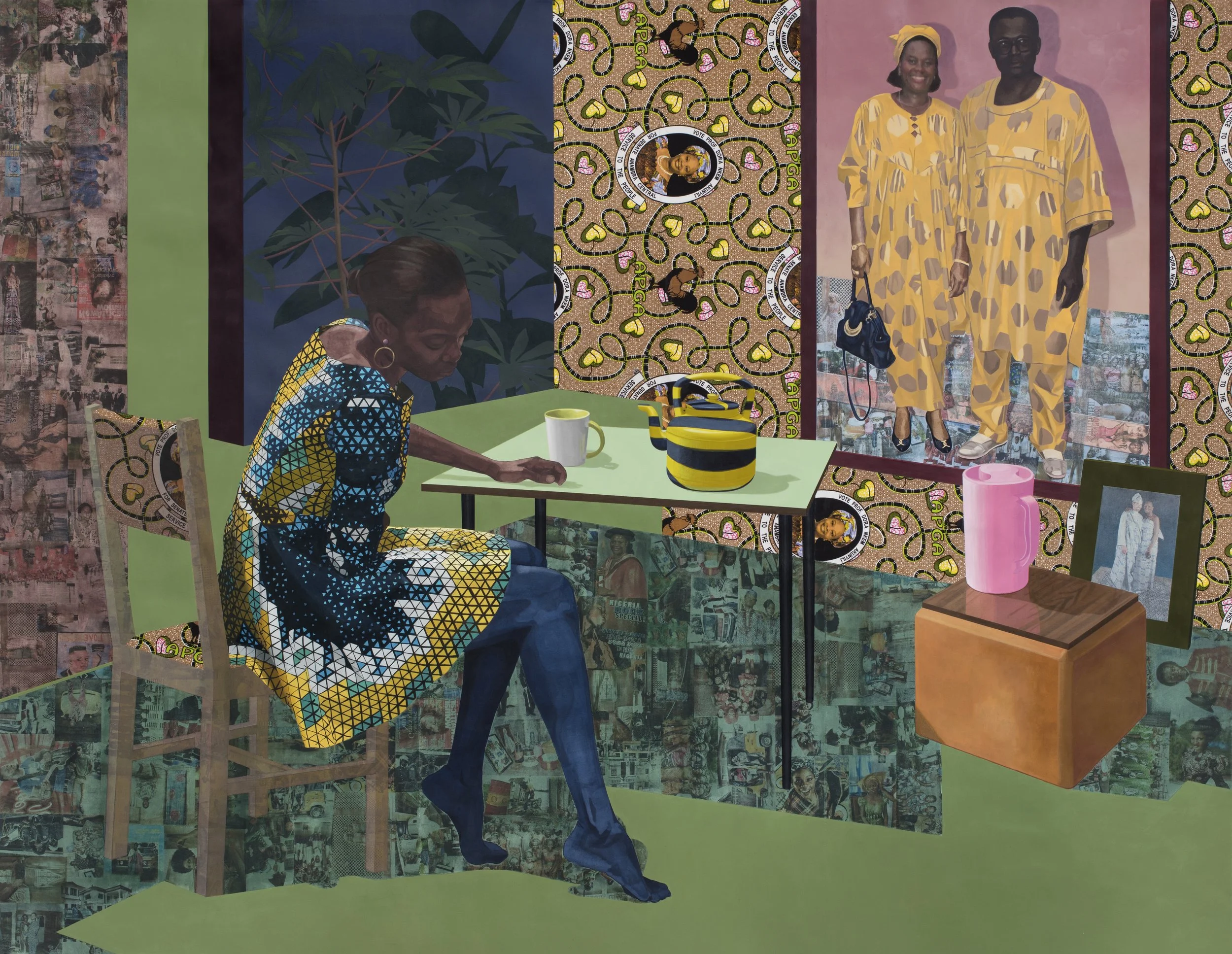 Njideka Akunyili Crosby,
Dwell: Aso Ebi, 2017.
Acrylic, transfers, colored pencil, collage, and commemorative fabric on paper
96 x 124 in
243.84 x 314.96 cm
© Njideka Akunyili Crosby
Courtesy of the artist, Victoria Miro, and David Zwirner
Photo cred