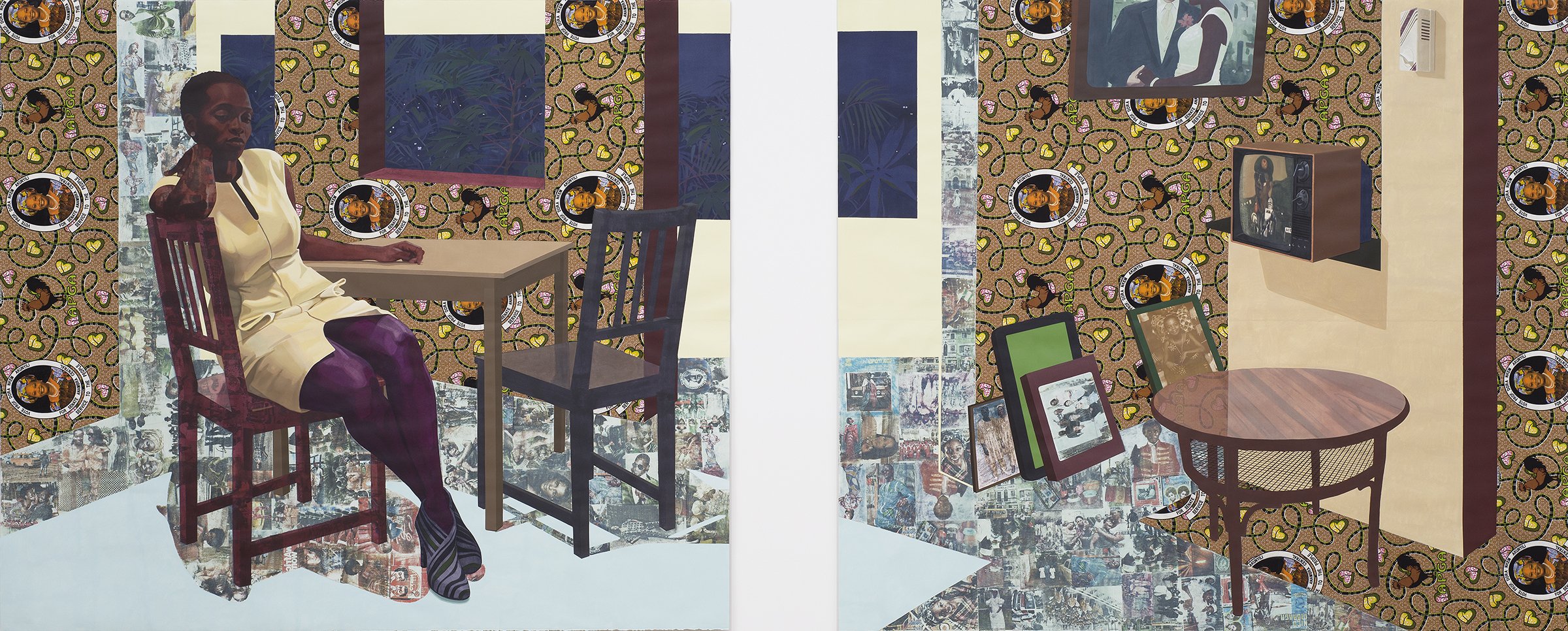 Njideka Akunyili Crosby
Portals, 2016
Acrylic, transfers, colored pencil, collage, and commemorative fabric on paper
84 x 105 in
213.36 x 266.7 cm
© Njideka Akunyili Crosby
Courtesy the artist, Victoria Miro, and David Zwirner
Purchase, with funds fr