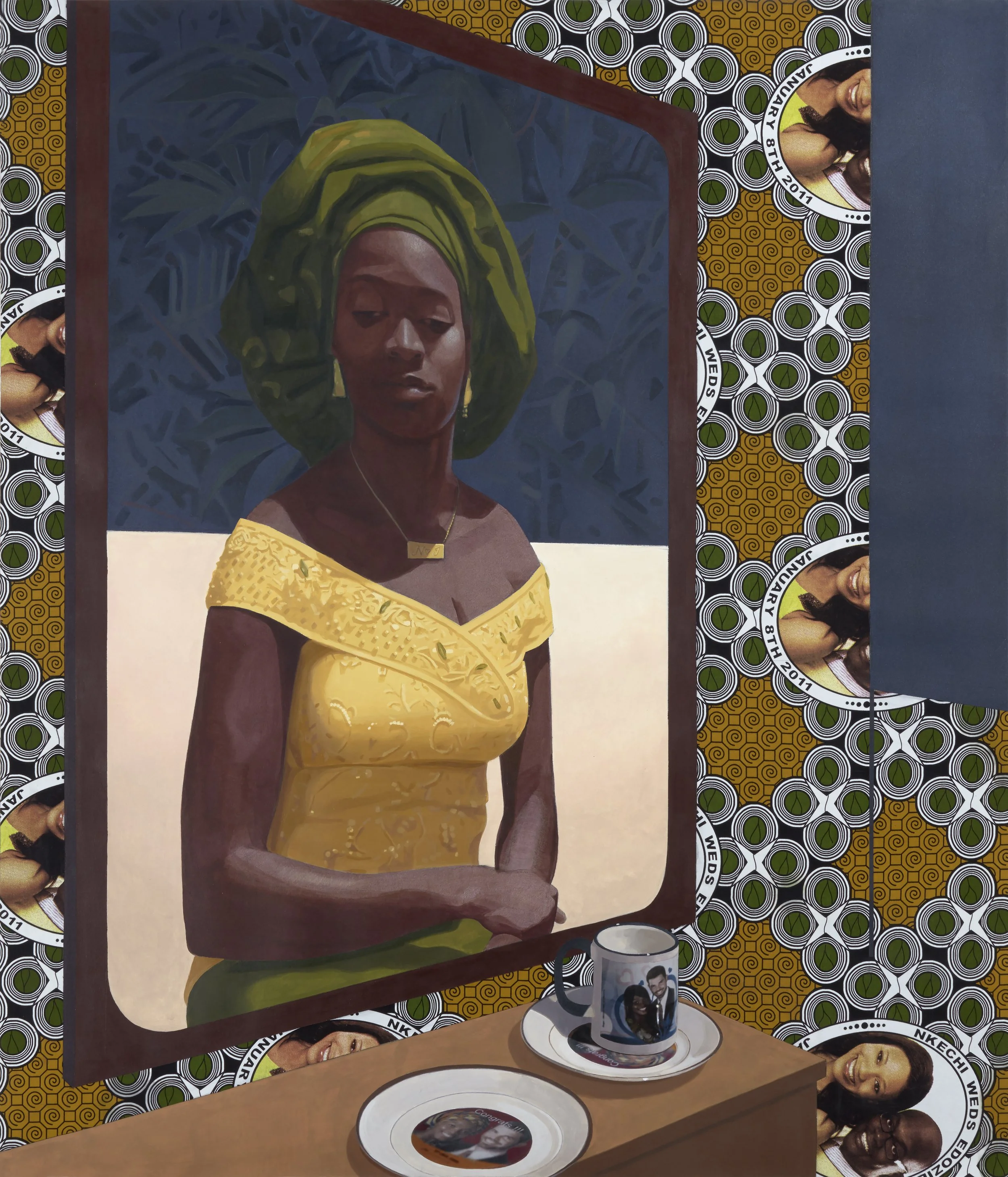 Njideka Akunyili Crosby,
Wedding Souvenirs, 2016.
Acrylic, colored pencil, collage, and commemorative fabric on paper
61.2 x 51.96 in
155.45 x 131.98 cm
© Njideka Akunyili Crosby
Courtesy the artist, Victoria Miro, and David Zwirner
Photo: Robert Glo