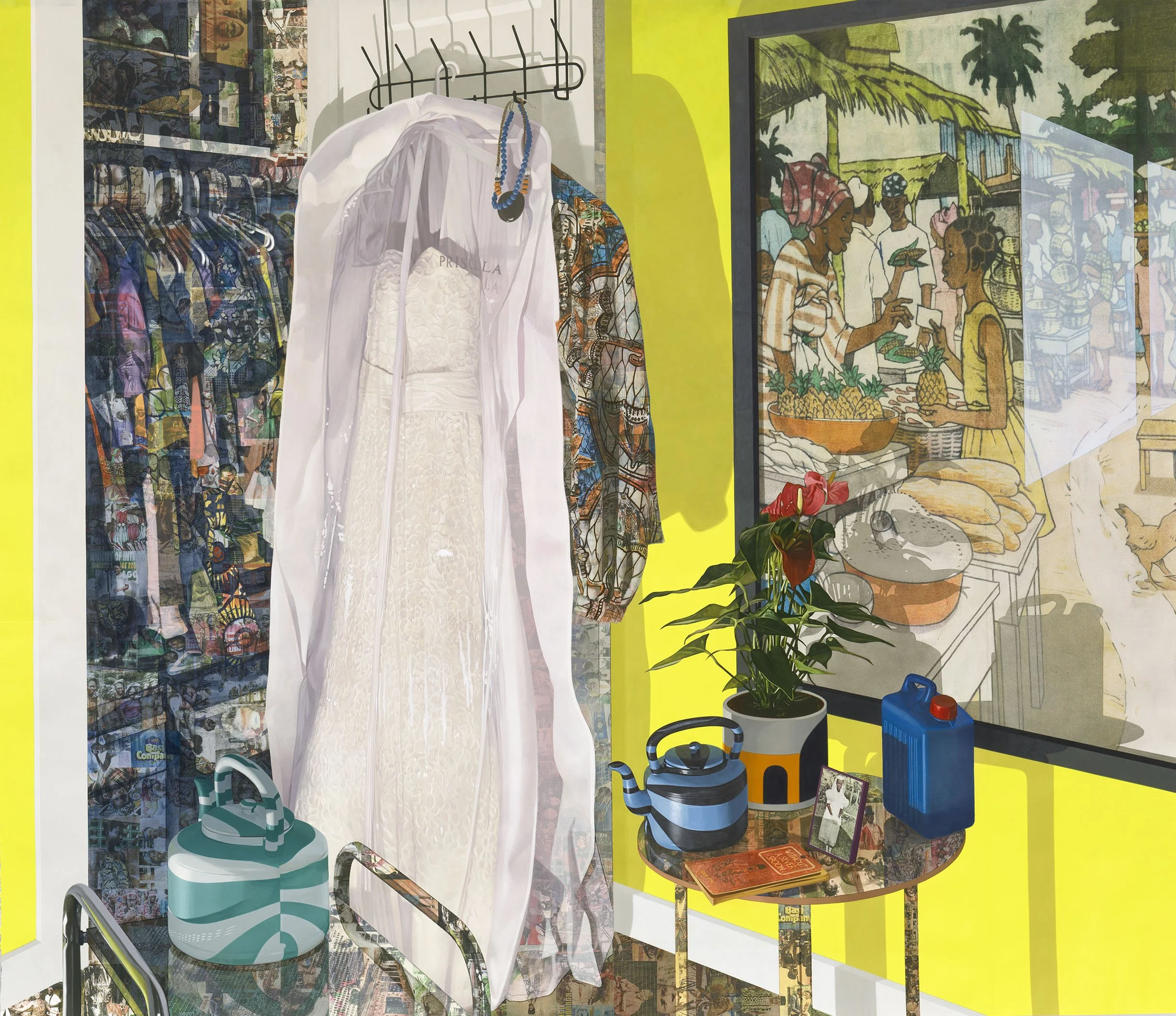 Njideka Akunyili Crosby,
Ejuna na-aga, ọ kpụlụ nkọlikọ ya; New Haven (Enugu) in New Haven (CT), 2022.
Acrylic, colored pencil, charcoal, and transfers on paper
95 5/8 x 111 inches
© Njideka Akunyili Crosby
Courtesy of the artist, Victoria Miro, and D