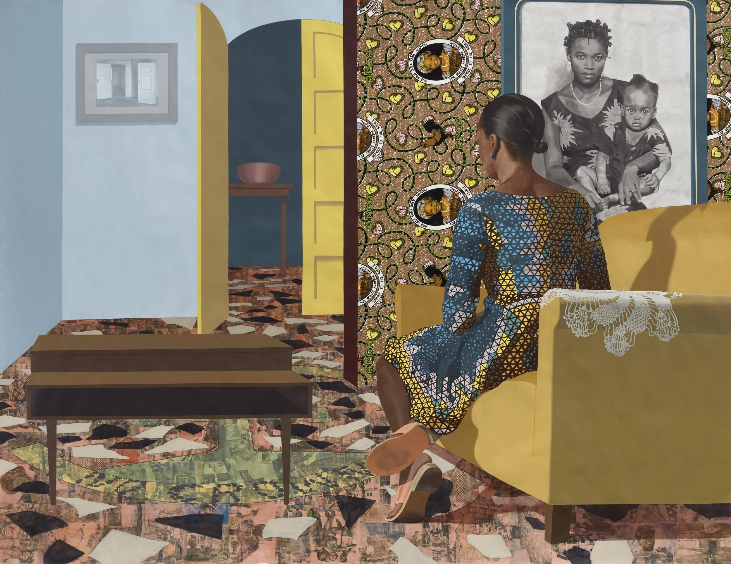 Njideka Akunyili Crosby,
Mother and Child, 2016.
Acrylic, transfers, colored pencil, collage, and commemorative fabric on paper
96 x 123.96 in
243.84 x 314.86 cm
© Njideka Akunyili Crosby
Courtesy of the artist, Victoria Miro, and David Zwirner
Photo