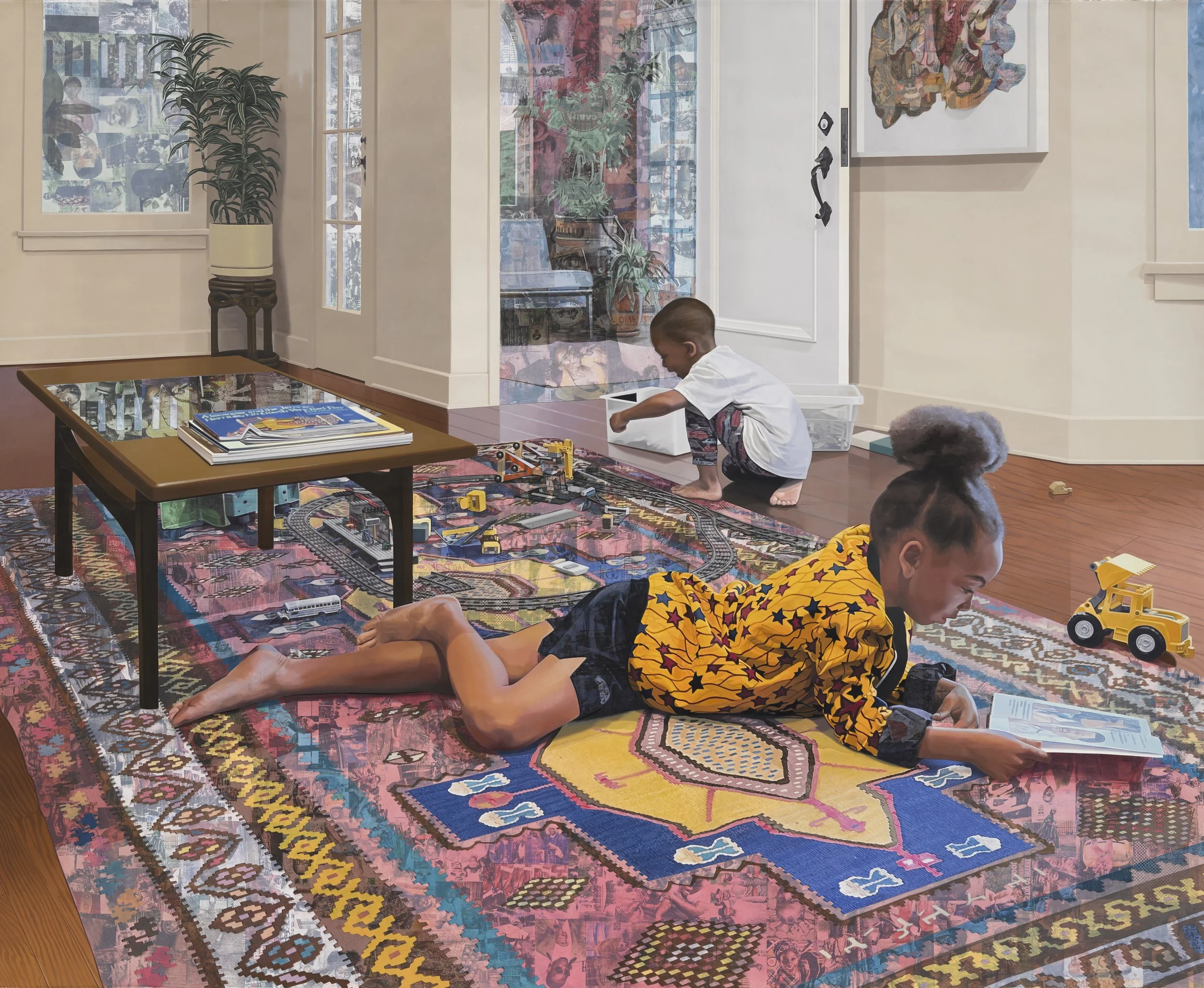 Njideka Akunyili Crosby,
Na Parlour (In the Parlor), 2025.
Acrylic, color pencil, and transfers on paper
83 1/2 x 101 5/8 inches 
212 x 258 cm
© Njideka Akunyili Crosby
Courtesy of the artist, Victoria Miro, and David Zwirner
Photo: Jack Hems 