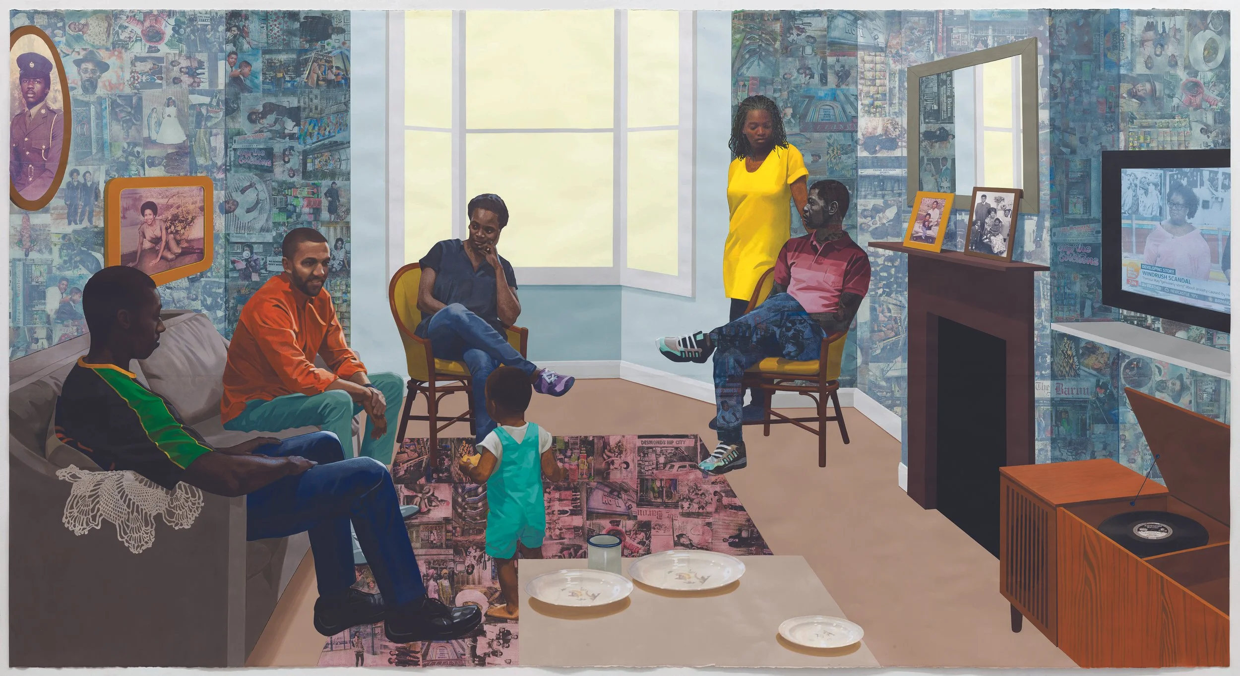 Njideka Akunyili Crosby,
Remain, Thriving, 2018.
Acrylic, transfers, colored pencil, pastel, and collage on paper
144 x 75.75 in
365.76 x 192.405 cm
Remain, Thriving, 2018. Commissioned by Art on the Underground. © Njideka Akunyili Crosby. Courtesy o