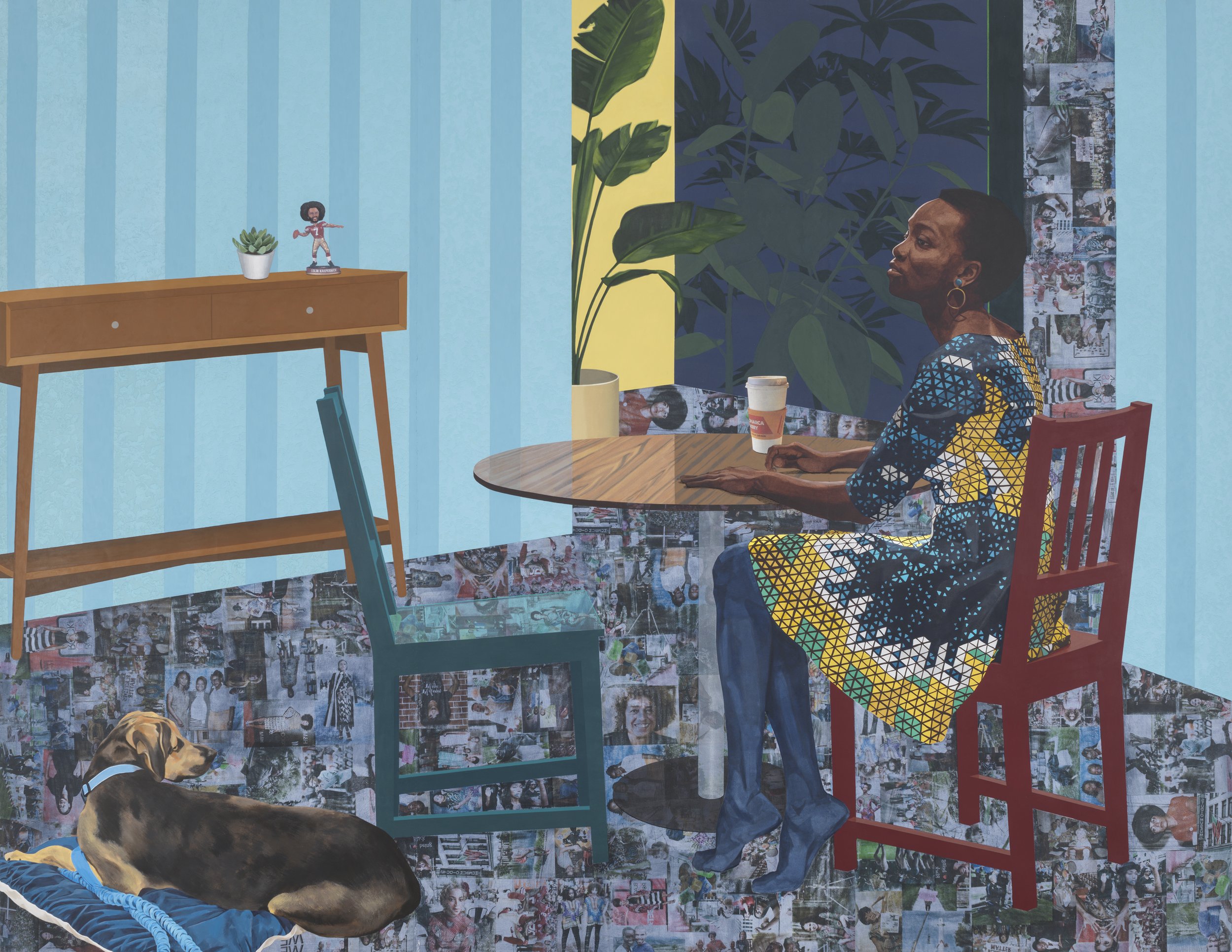 Njideka Akunyili Crosby,
Dwell: Me, We, 2017.
Acrylic, transfers, colored pencil, charcoal, and collage on paper
96 x 124 in
243.84 x 314.96 cm
© Njideka Akunyili Crosby
Courtesy the artist, Victoria Miro, and David Zwirner
Photo: Mary Raap / EPW Stu