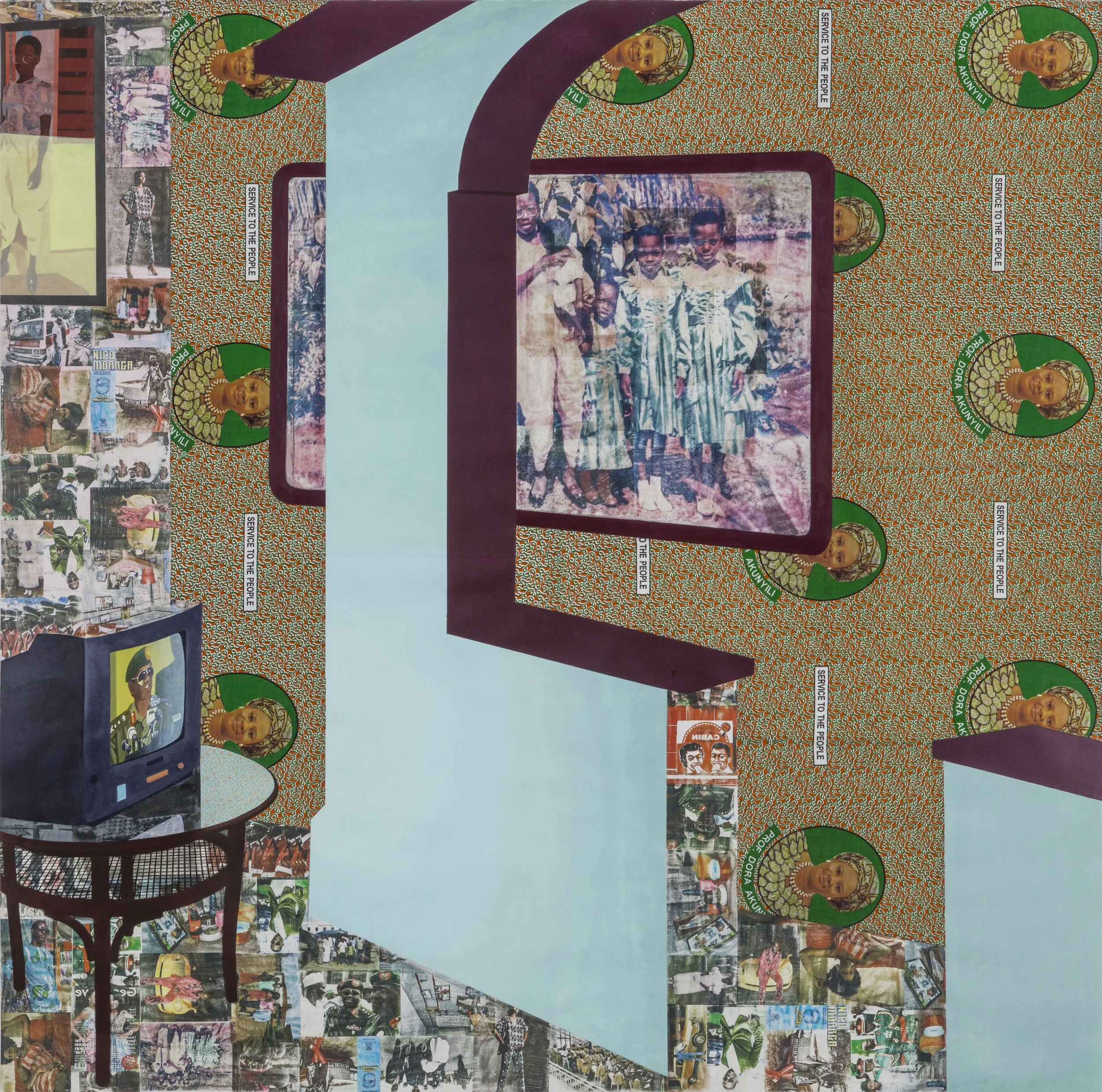 Njideka Akunyili Crosby,
I See You In My Eyes, 2015.
Acrylic, transfers, colored pencil, collage, and commemorative fabric on paper
84 x 84 in
213.36 x 213.36 cm
© Njideka Akunyili Crosby
Courtesy the artist, Victoria Miro, and David Zwirner
Photo cr