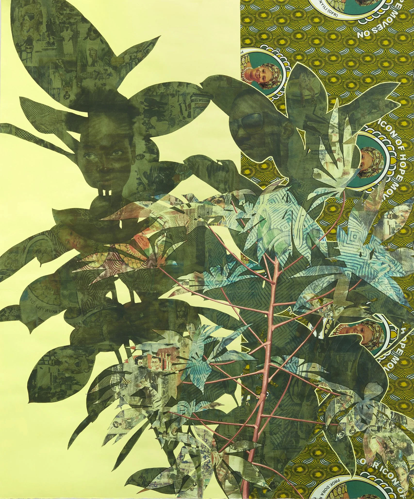 Njideka Akunyili Crosby,
Cassava Garden, 2015.
Acrylic, transfers, colored pencil, charcoal, and commemorative fabric on paper
72 x 60 in
182.88 x 152.40 cm
© Njideka Akunyili Crosby
Courtesy of the artist, Victoria Miro, and David Zwirner
Photo cred