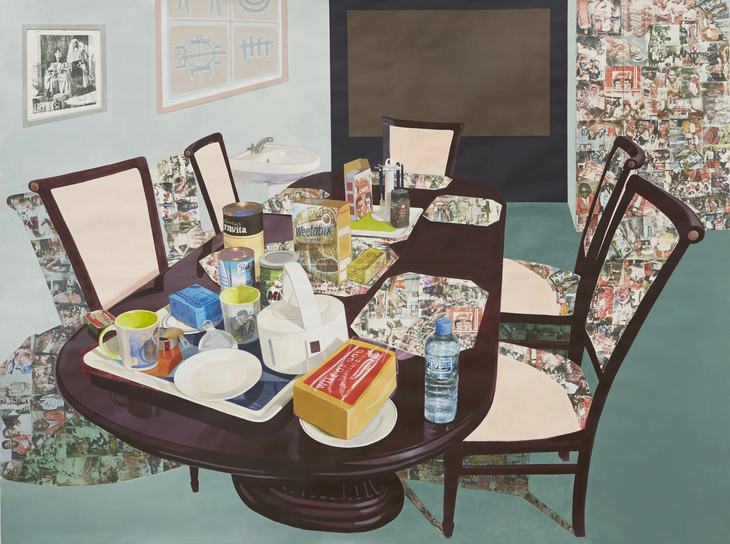 Njideka Akunyili Crosby,
Tea Time in New Haven, Enugu, 2013.
Acrylic, transfers, colored pencil, charcoal, and collage on paper
84 x 111 in
213.4 x 281.9 cm
© Njideka Akunyili Crosby
Courtesy the artist, Victoria Miro, and David Zwirner
Photo credit: