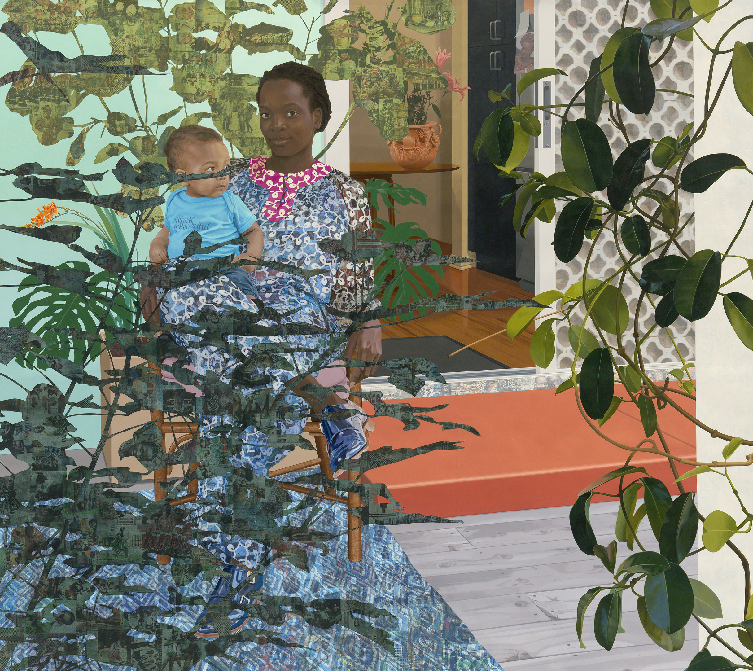 Njideka Akunyili Crosby,
Still You Bloom in This Land of No Gardens, 2021.
Acrylic, transfers, color pencil, and collage on paper
96 x 108 inches
243.84 x 274.32 cm
© Njideka Akunyili Crosby
Courtesy of the artist, Victoria Miro, and David Zwirner
Ph