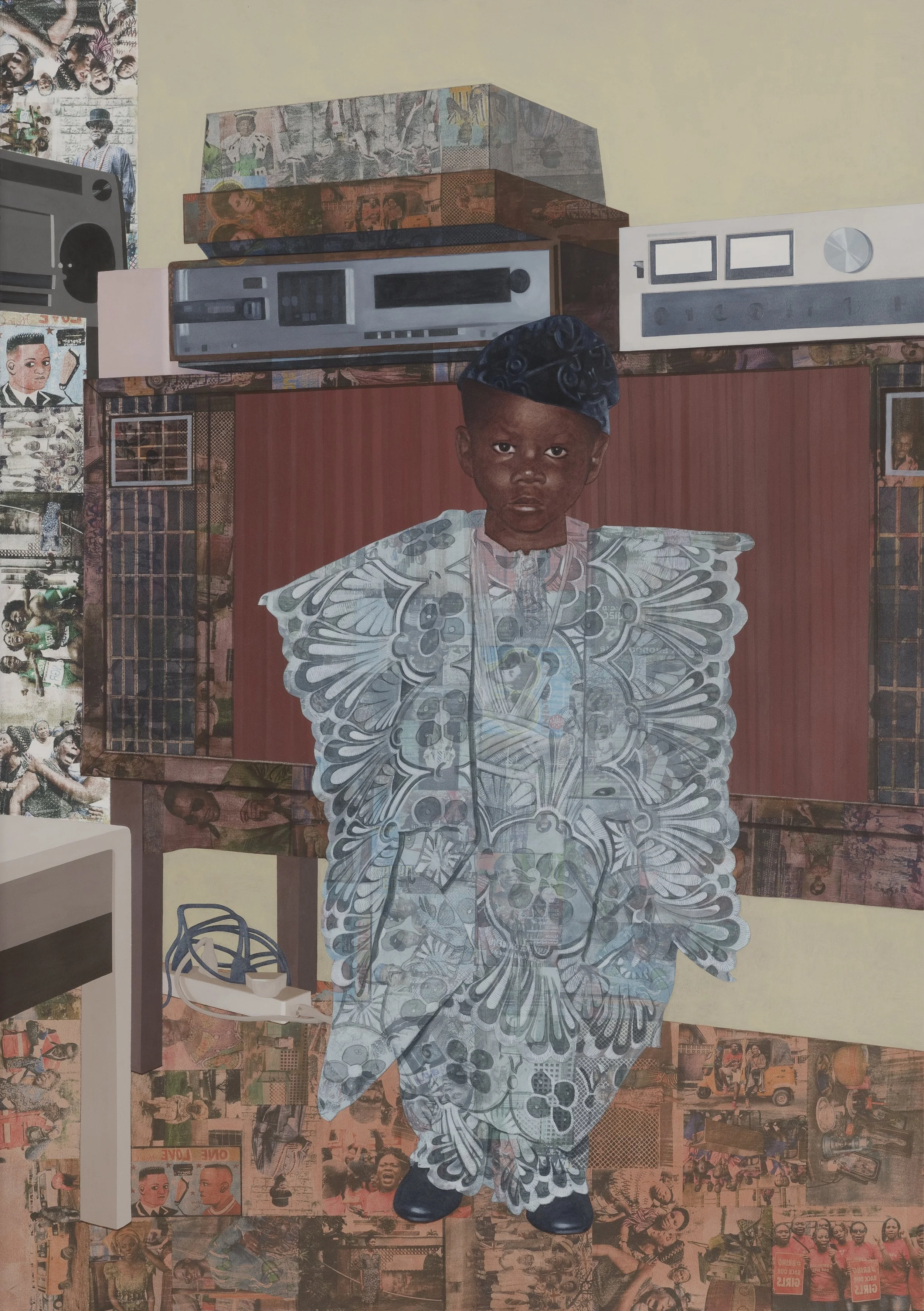 Njideka Akunyili Crosby,
“The Beautyful Ones” Series #8, 2018.
Acrylic, color pencil, and transfers on paper
59 7/8 x 42 in
152.08 x 107 cm
© Njideka Akunyili Crosby
Courtesy the artist, Victoria Miro, and David Zwirner
Photo: Angus Mill