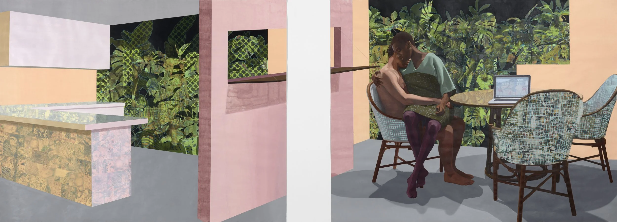 Njideka Akunyili Crosby,
Garden Thriving, 2016.
Acrylic, transfers, colored pencil, and collage on paper
84 x 108 in, each
213.36 x 274.32 cm
© Njideka Akunyili Crosby
Courtesy of the artist, Victoria Miro, and David Zwirner
Photo: Robert Glowacki