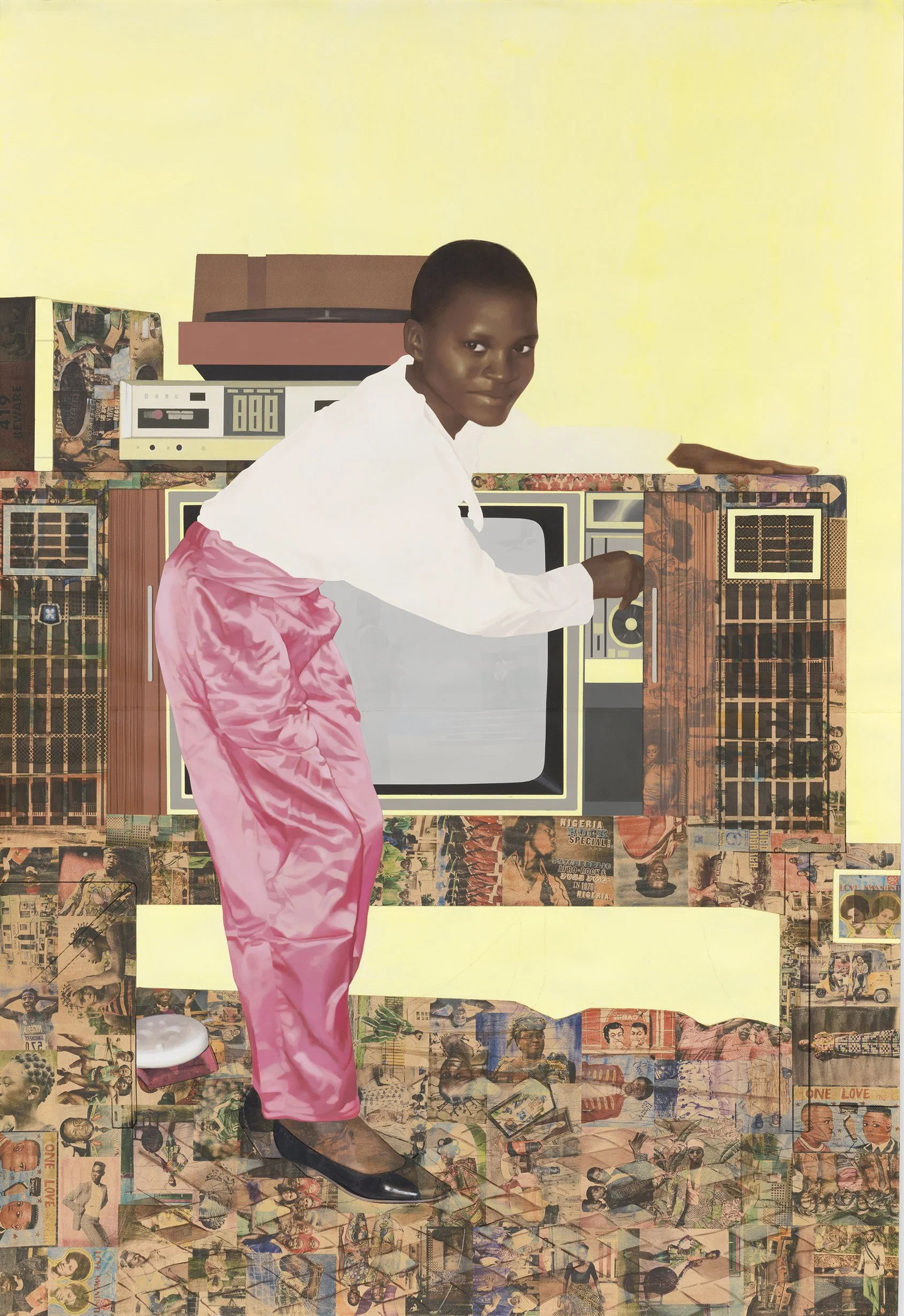 Njideka Akunyili Crosby,
“The Beautyful Ones” Series #10: A Sunny Day on Bar Beach, 2022.
Acrylic, colored pencil, pastel, charcoal, and transfers on paper
78 1/4  x 54 inches
198.8 x 137.2 cm
© Njideka Akunyili Crosby
Courtesy of the artist, Victori