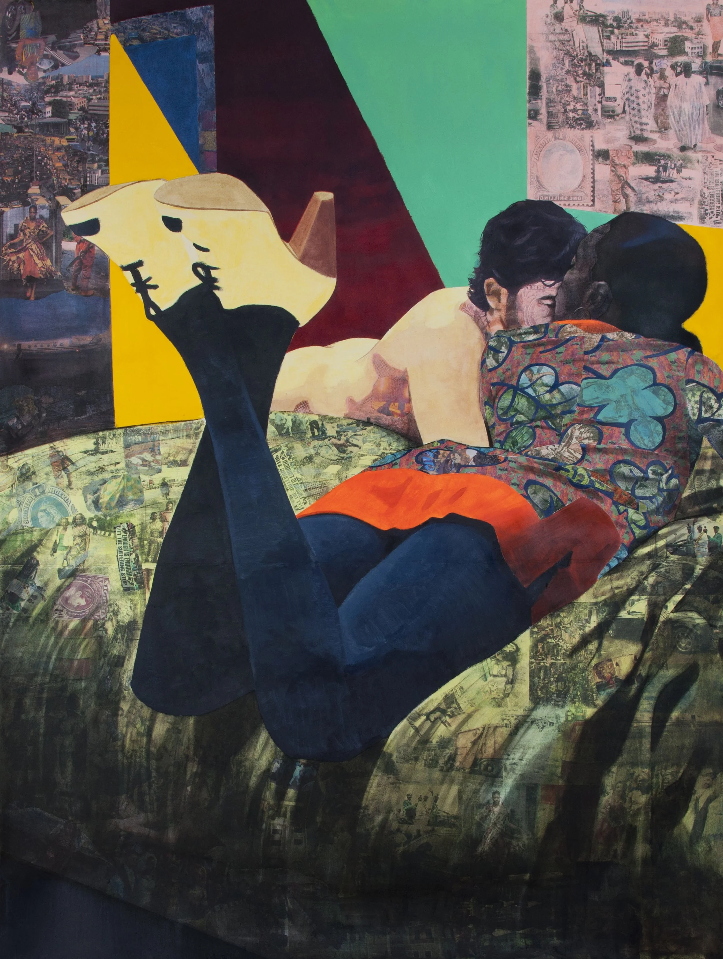 Njideka Akunyili Crosby,
Her Widening Gyre, 2011.
Acrylic, transfers, charcoal, and collage on paper
72 x 54 in.
182.88 x 137.26 cm
© Njideka Akunyili Crosby
Courtesy the artist, Victoria Miro, and David Zwirner
