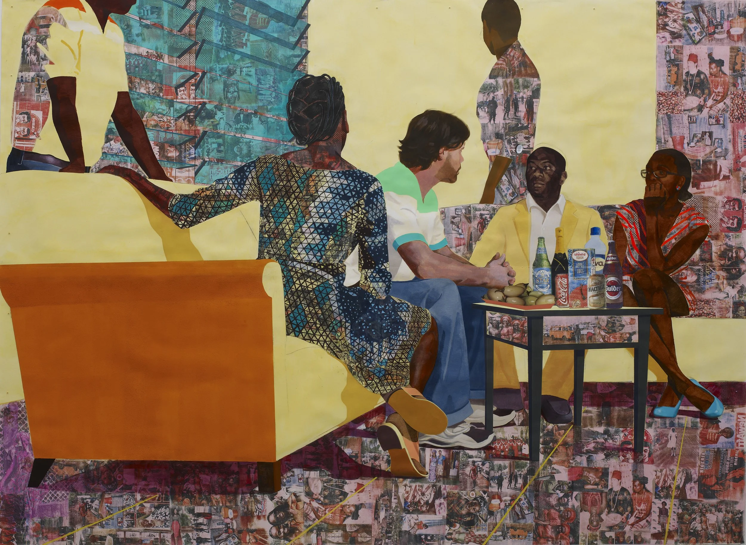 Njideka Akunyili Crosby,
Something Split and New, 2013.
Acrylic, transfers, colored pencil, charcoal, pastel, and marble dust on paper
84 x 111 in
213.36 x 281.94 cm
© Njideka Akunyili Crosby
Courtesy of the artist, Victoria Miro, and David Zwirner
P