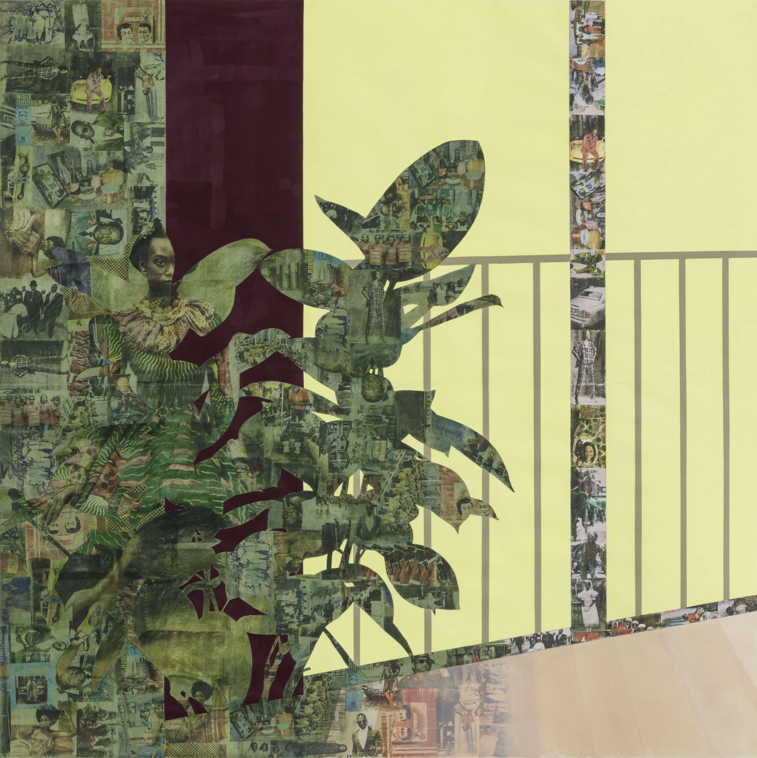 Njideka Akunyili Crosby,
Bush Girl, 2015.
Acrylic, colored pencil, and transfers on paper
84 x 84 in
213.36 x 213.36 cm
© Njideka Akunyili Crosby
Courtesy the artist, Victoria Miro, and David Zwirner
Photo credit: Joshua White Photography