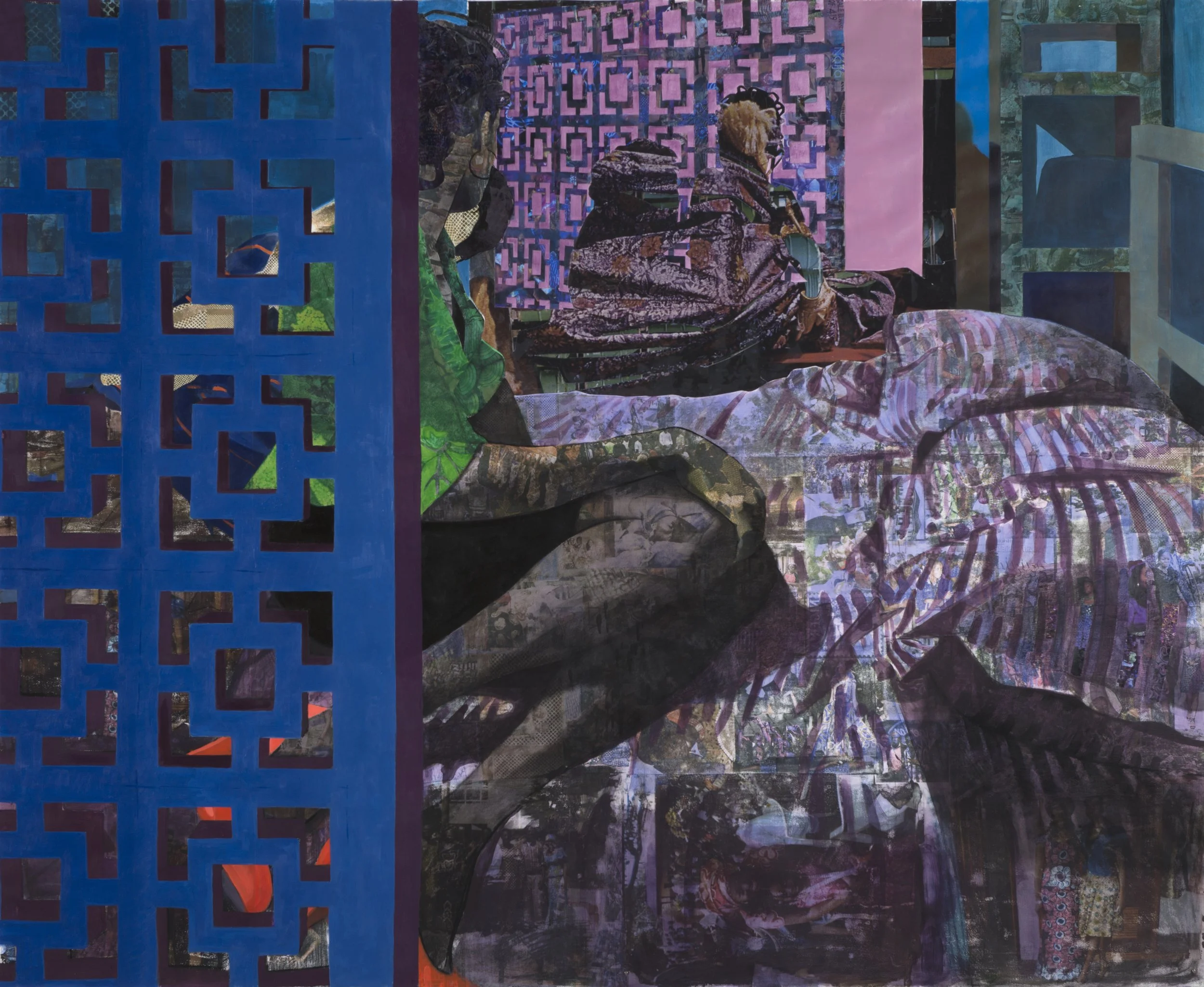 Njideka Akunyili Crosby,
My Delicious Darkness, 2011.
Acrylic, transfers, charcoal, and collage on paper
78 x 96 in.
198.12 x 243.84 cm
© Njideka Akunyili Crosby
Courtesy the artist, Victoria Miro, and David Zwirner