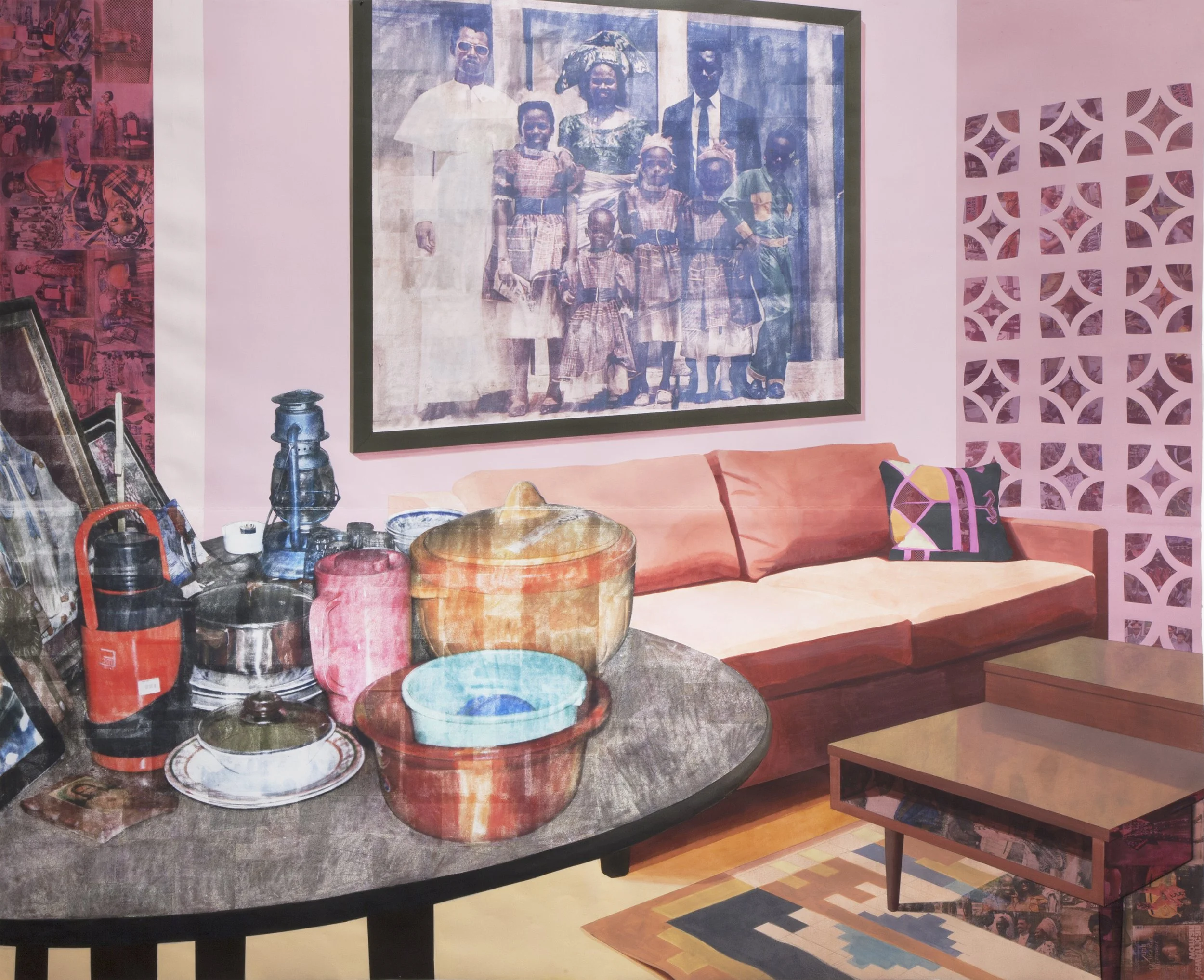 Njideka Akunyili Crosby,
Sunday Morning (Predecessors #3), 2014.
Acrylic, color pencil, collage, charcoal, and transfers on paper
78 x 96 in
198.12 x 243.84 cm
© Njideka Akunyili Crosby
Courtesy of the artist, Victoria Miro, and David Zwirner
Photo: 