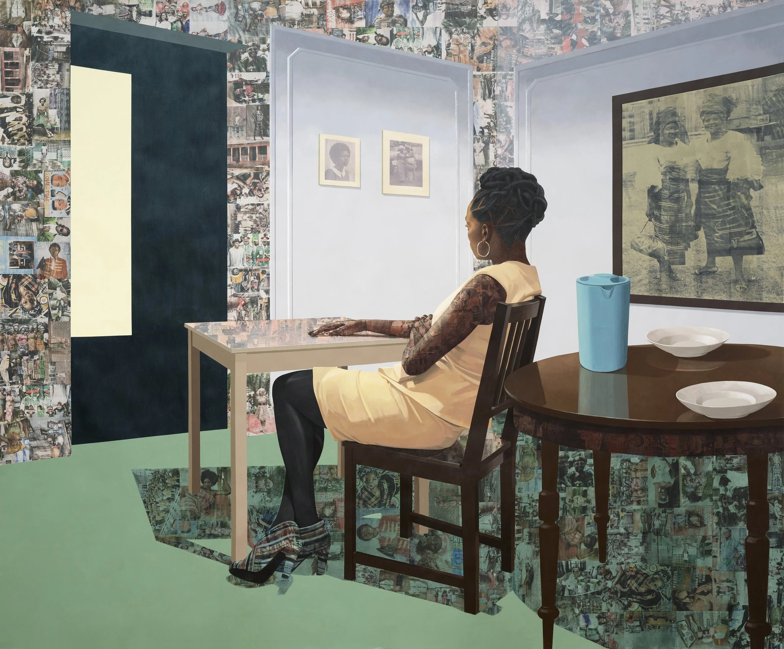 Njideka Akunyili Crosby,
In the Lavender Room, 2019.
Acrylic, transfers, color pencil, pastel and collage on paper
96 x 115 inches
243.8 x 292.1 cm
© Njideka Akunyili Crosby
Courtesy of the artist, Victoria Miro, and David Zwirner
Photo: Anders Sune 