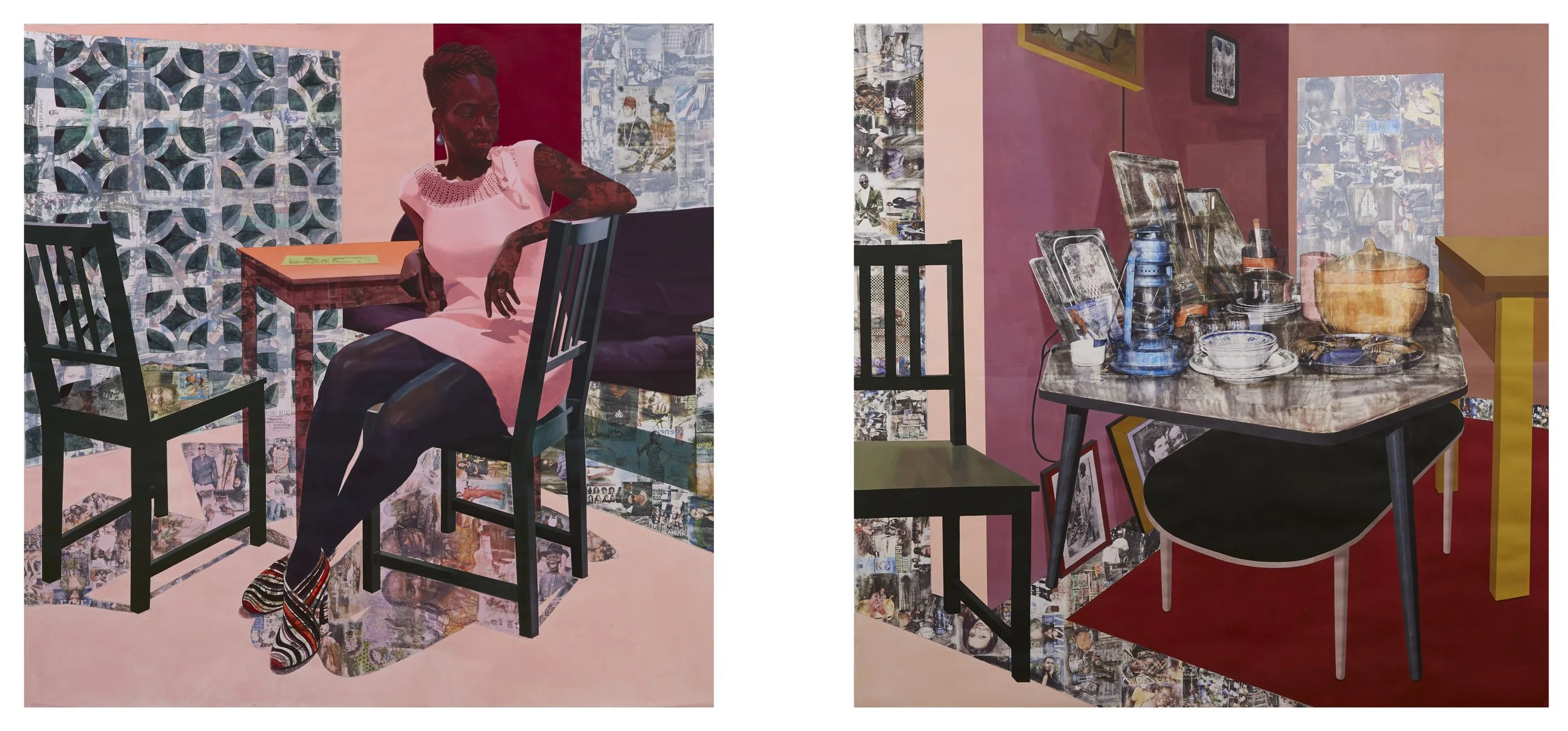 Njideka Akunyili Crosby,
Predecessors, 2013.
Acrylic, transfers, colored pencil, and charcoal on paper
Two Panels, each 84 x 84 in
Two Panels, each 213.36 x 213.36 cm
© Njideka Akunyili Crosby
Courtesy of the artist, Victoria Miro, and David Zwirner
