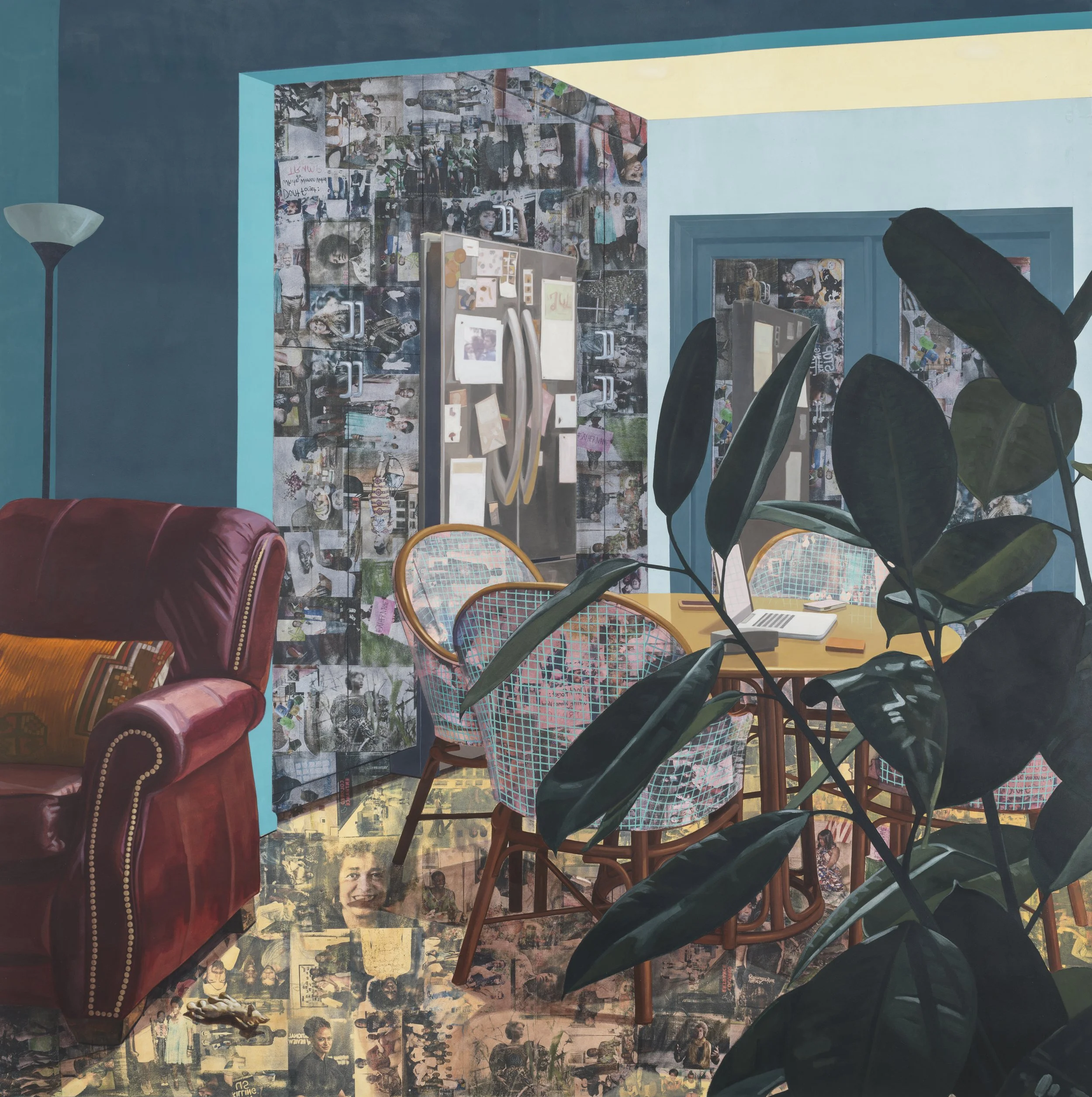 Njideka Akunyili Crosby,
Home: Say It Loud, 2017.
Acrylic, transfers, colored pencil, charcoal, and collage on paper
84 x 83 in
213.36 x 210.82  cm
© Njideka Akunyili Crosby
Courtesy the artist, Victoria Miro, and David Zwirner
Photo: Mary Raap / EPW