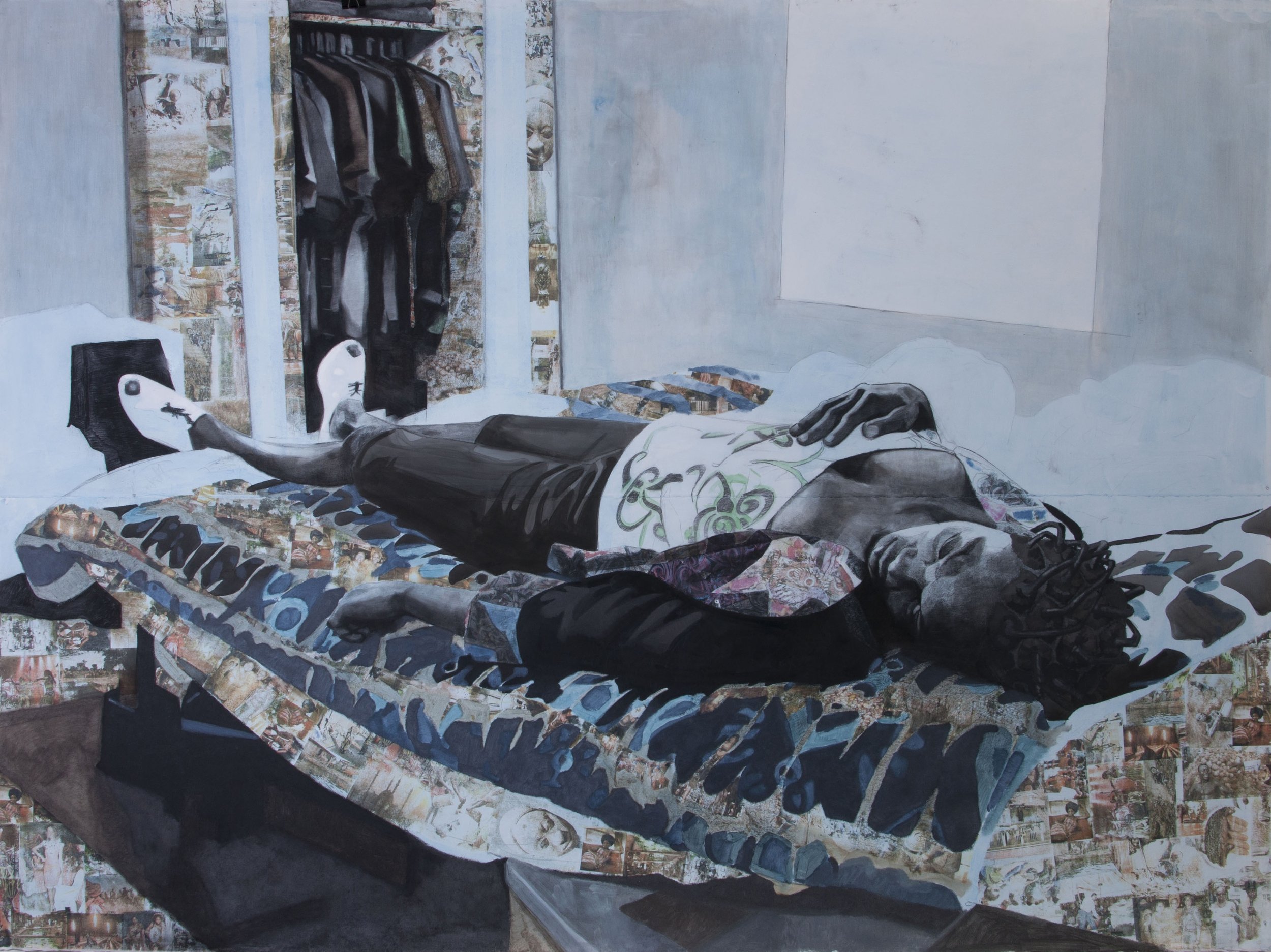 Njideka Akunyili Crosby,
The Rest of Her Remains, 2010.
Acrylic, transfers, charcoal, ink, and collage on paper
84 x 108 in.
213.36 x 274.32 cm
© Njideka Akunyili Crosby
Courtesy the artist, Victoria Miro, and David Zwirner