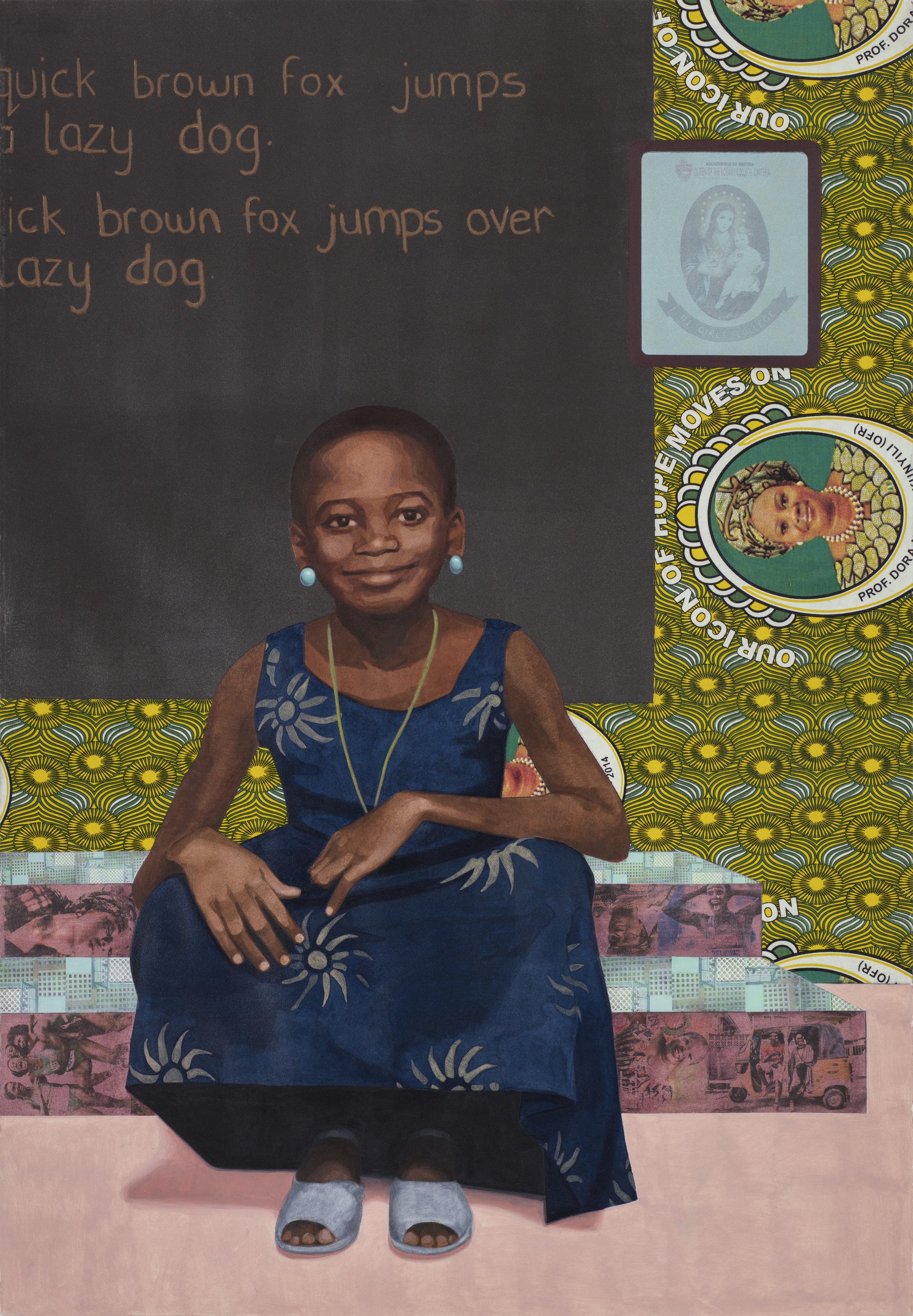 Njideka Akunyili Crosby,
“The Beautyful Ones” Series #5, 2016.
Acrylic, transfers, colored pencil, pastel, collage, and commemorative fabric on paper
61.2 x 42 in
155.45 x 106.68 cm
© Njideka Akunyili Crosby
Courtesy the artist, Victoria Miro, and Da