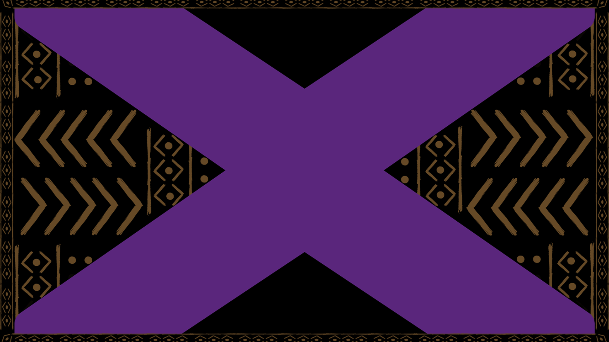 Abstract design with a purple X over black background, adorned with gold tribal patterns on the sides and borders.