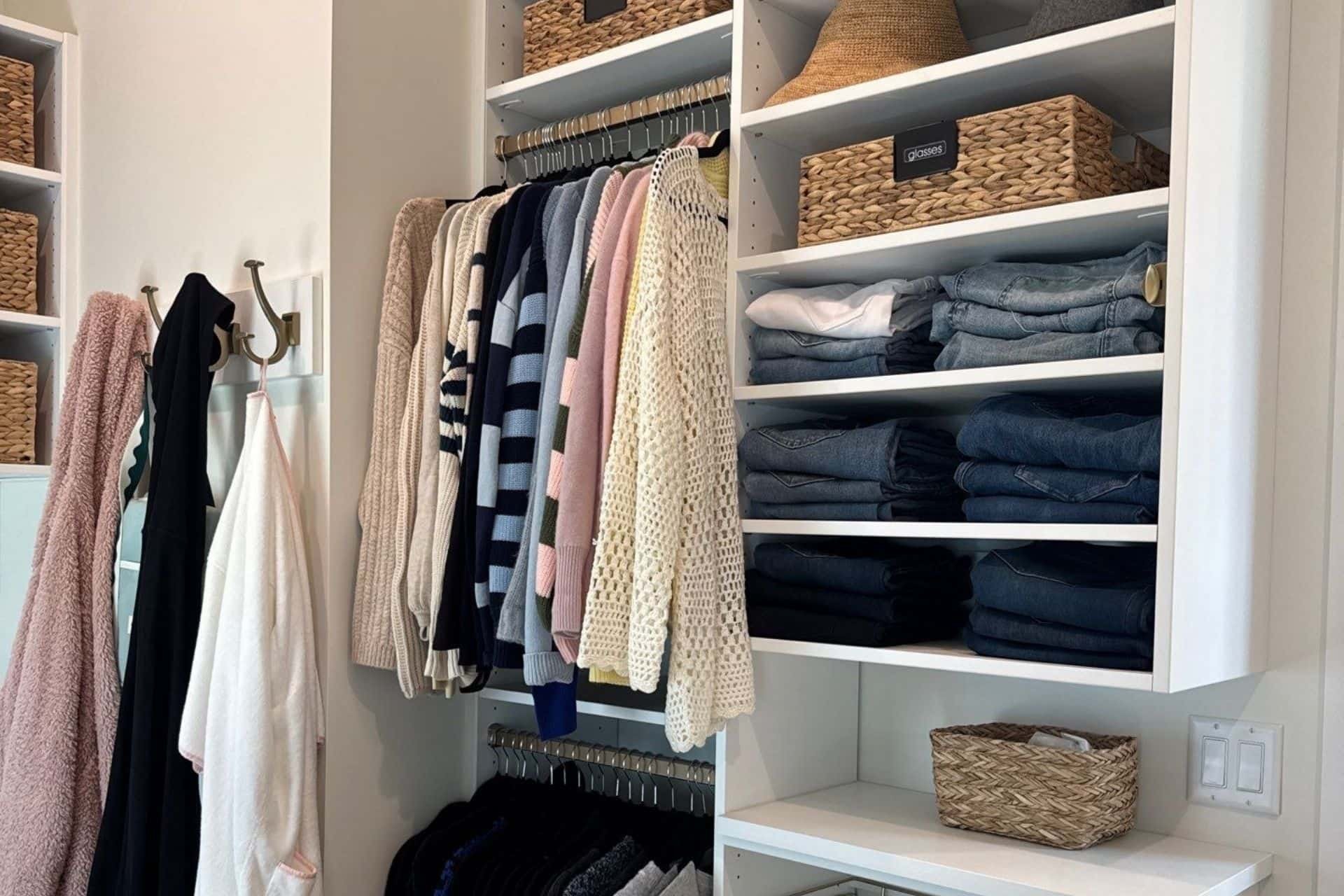 A closet organized for the seasons with clothes on shelves, and hanging sweaters and shirts. Hokks on the wall next ot it.