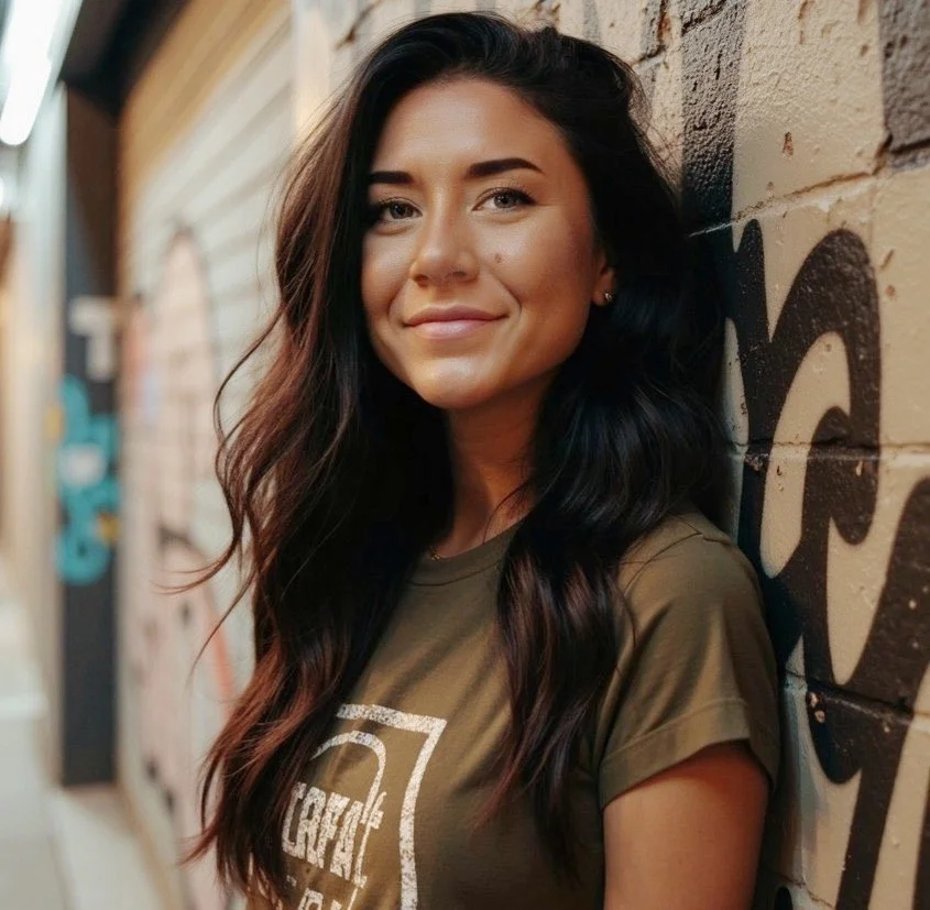 A young woman with long dark wavy hair, smiling, leaning against a graffiti-covered brick wall inside a building.