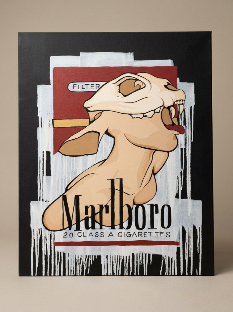 A large painting of a skull with large ears and black hair, resembling a stylized animal skull on wood panels. The painting has the text '#446 - DEAD KITTY - LL' written on the lower side.