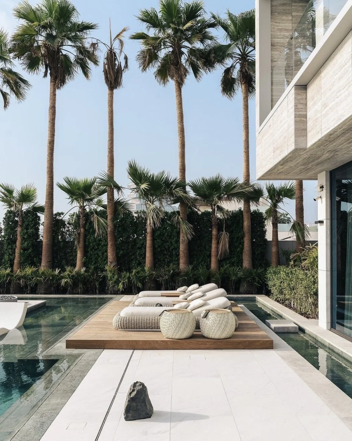Modern backyard with a pool, wooden deck, and lounge chairs, surrounded by tall palm trees and lush greenery.