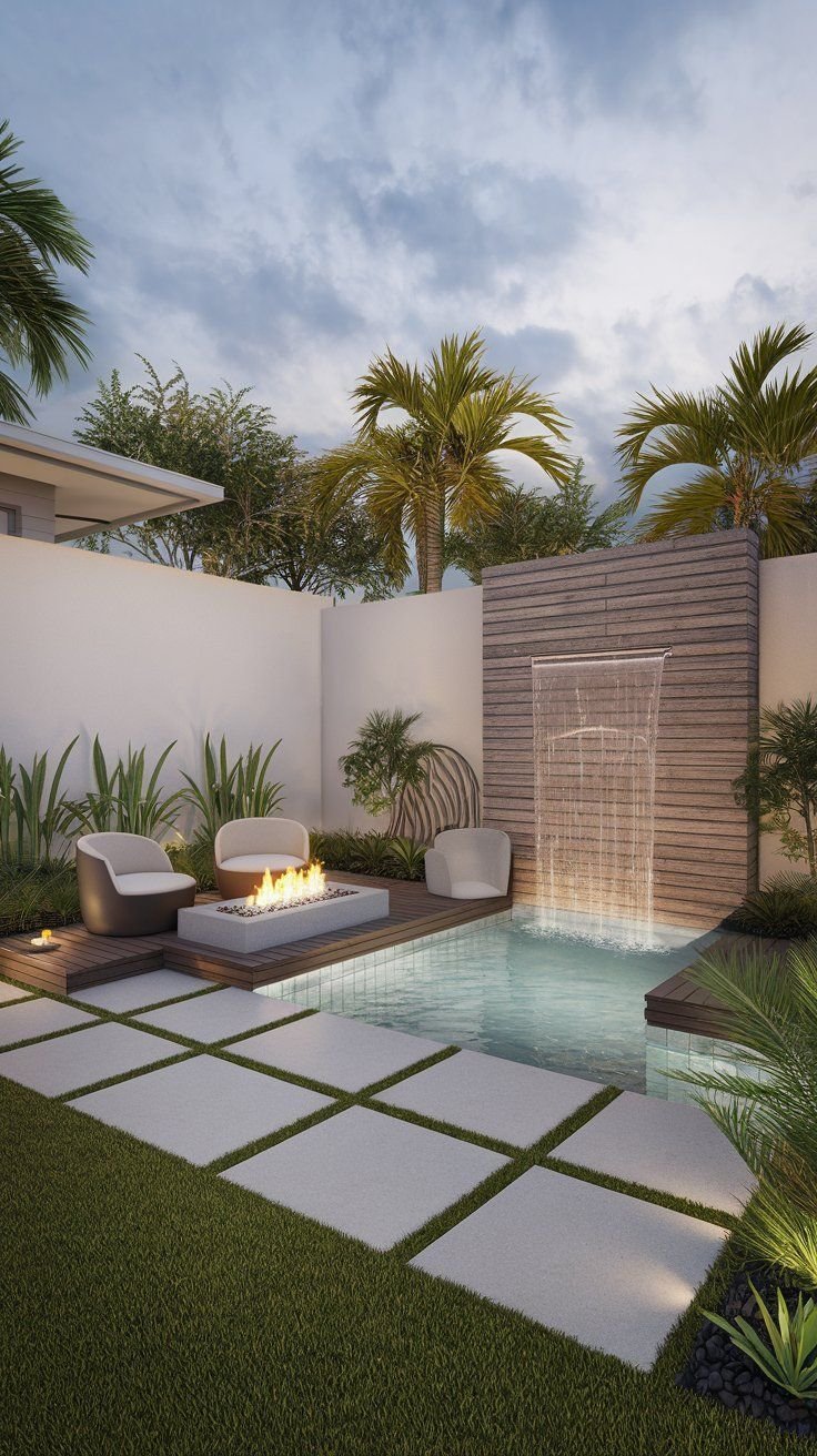 Modern backyard with a small pool, waterfall feature, outdoor seating with a fire pit, lush green plants, and palm trees under a partly cloudy sky.