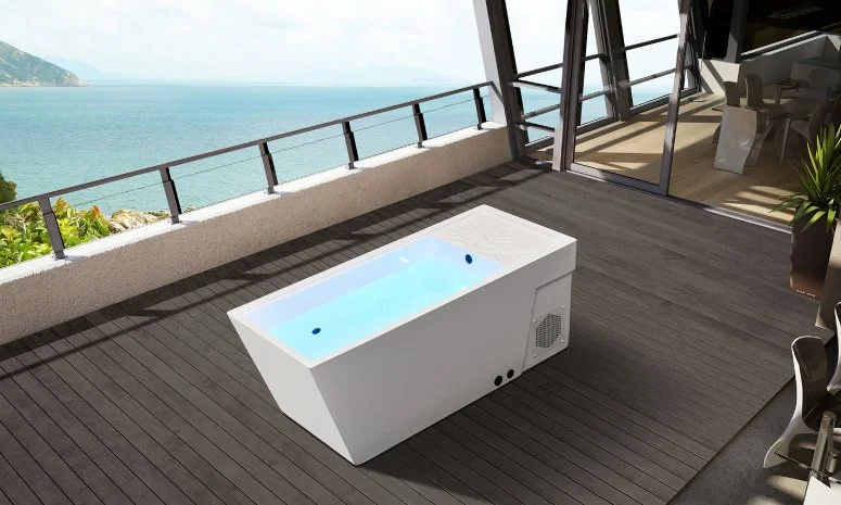 A modern outdoor balcony with a white rectangular hot tub filled with water, overlooking the ocean. The balcony has wooden flooring, a glass sliding door leading to an indoor area, and some plants.