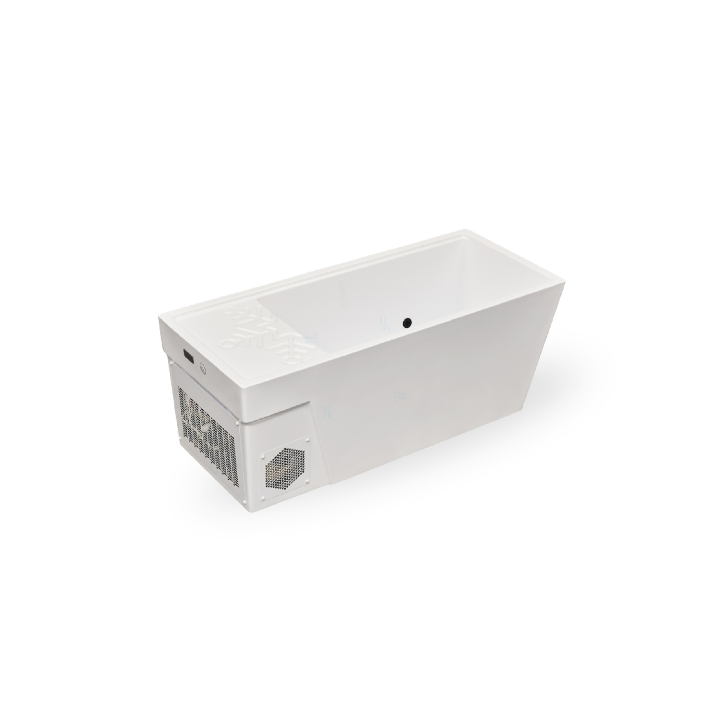 A white solar-powered ice maker with a sleek rectangular design and vents on the side.