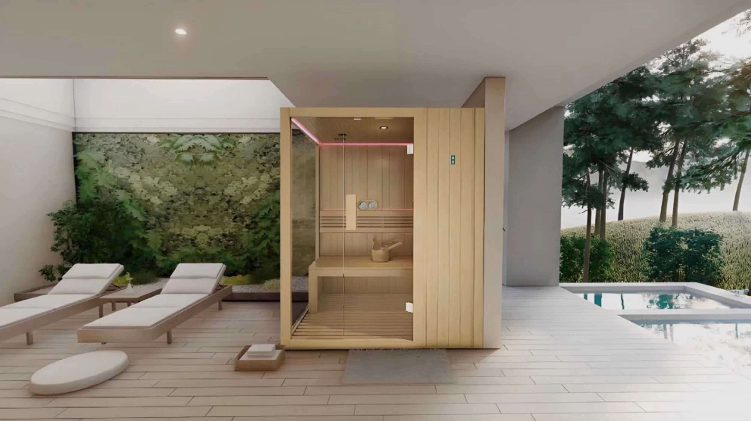 Luxurious outdoor spa area with a wooden sauna, reclining lounge chairs, a lush green garden wall, trees, and a small pool in the background.
