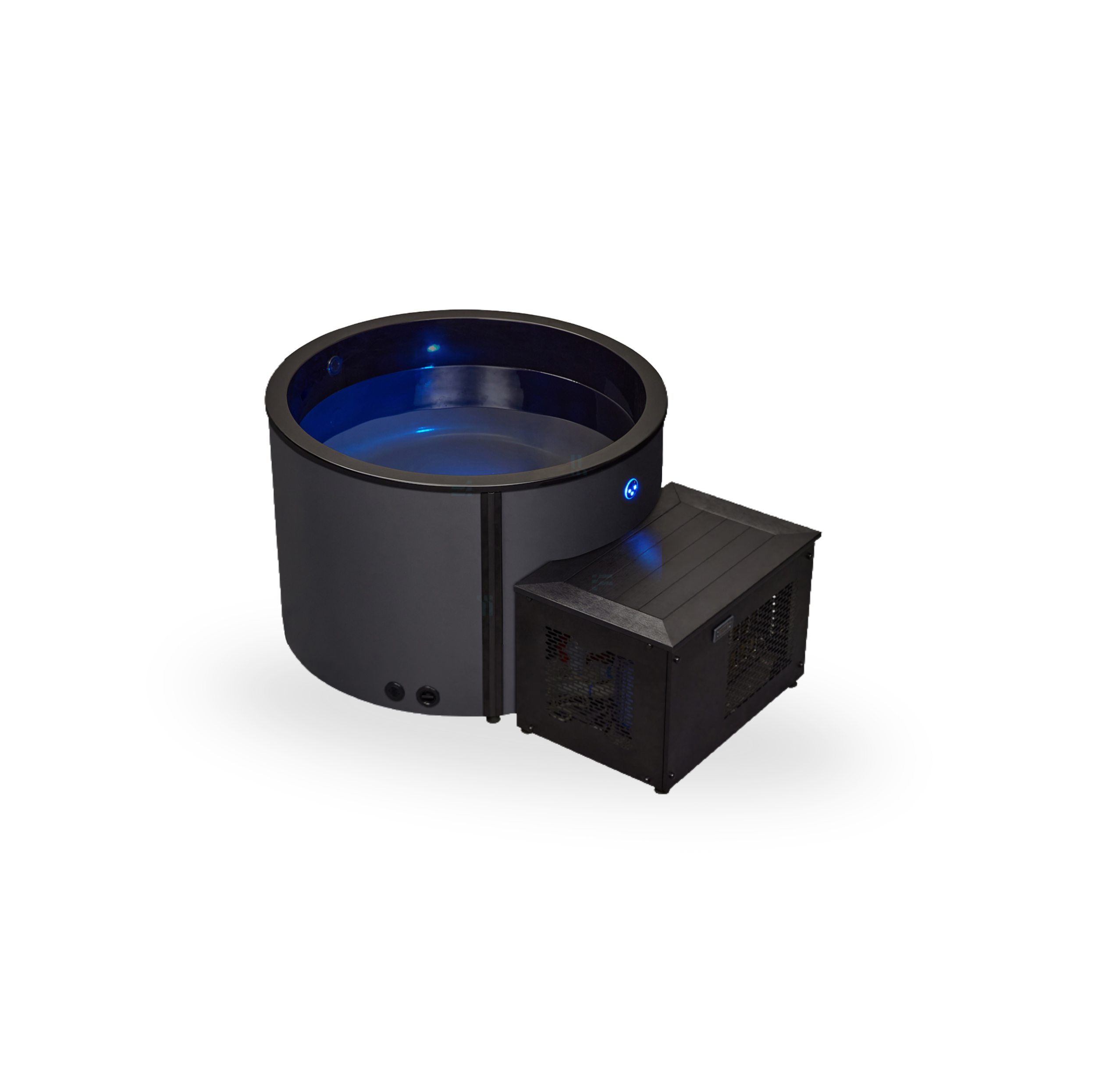 A futuristic circular pod with a transparent blue interior, connected to a rectangular black machine with vents and glowing blue indicators.