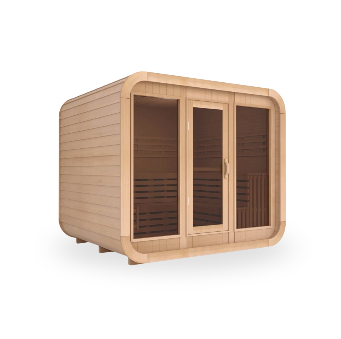 A wooden sauna with glass doors and interior benches.